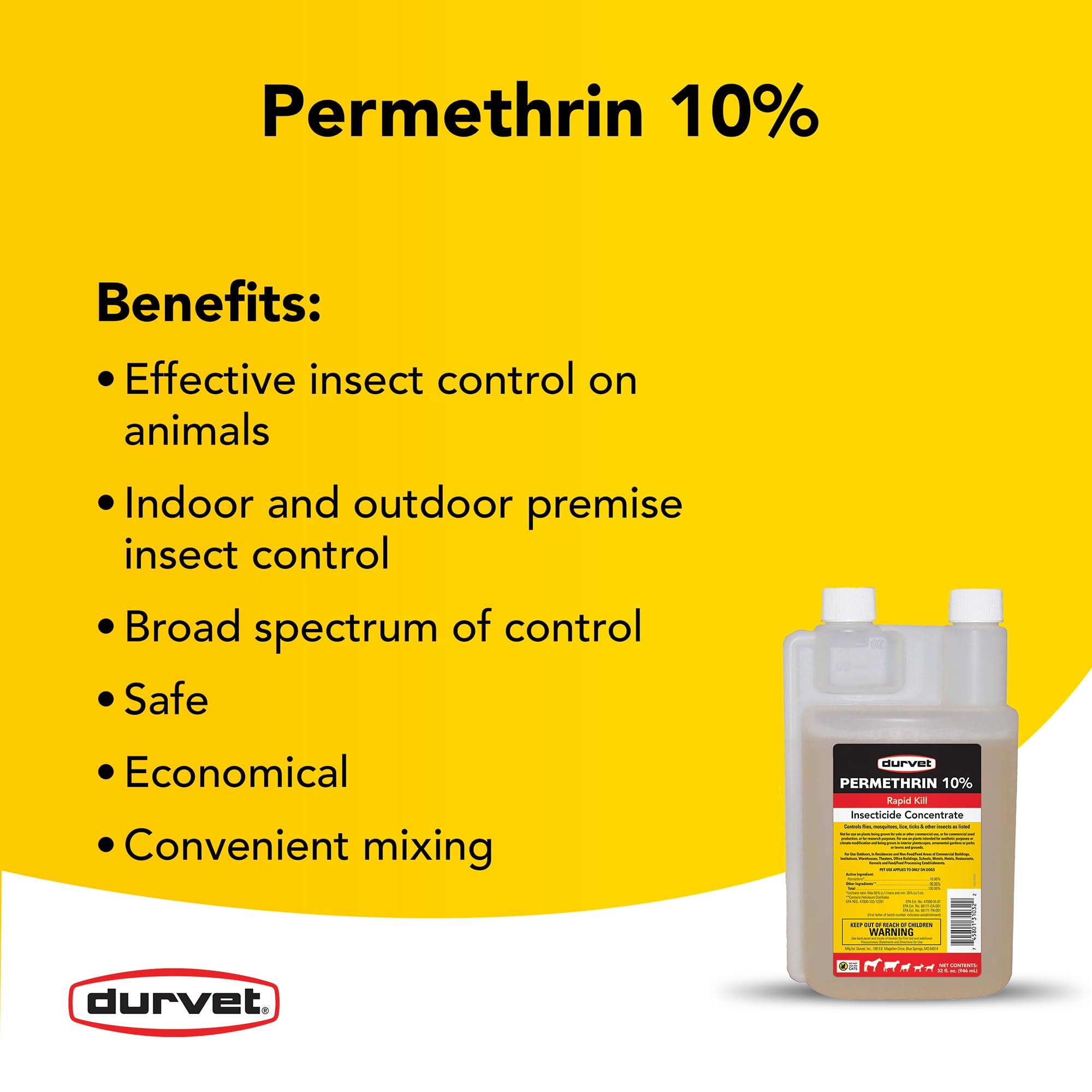 Durvet Permethrin EC 10% label on 32 oz bottle, USA-made.