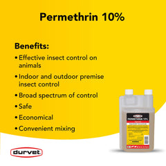Durvet Permethrin EC 10% label on 32 oz bottle, USA-made.