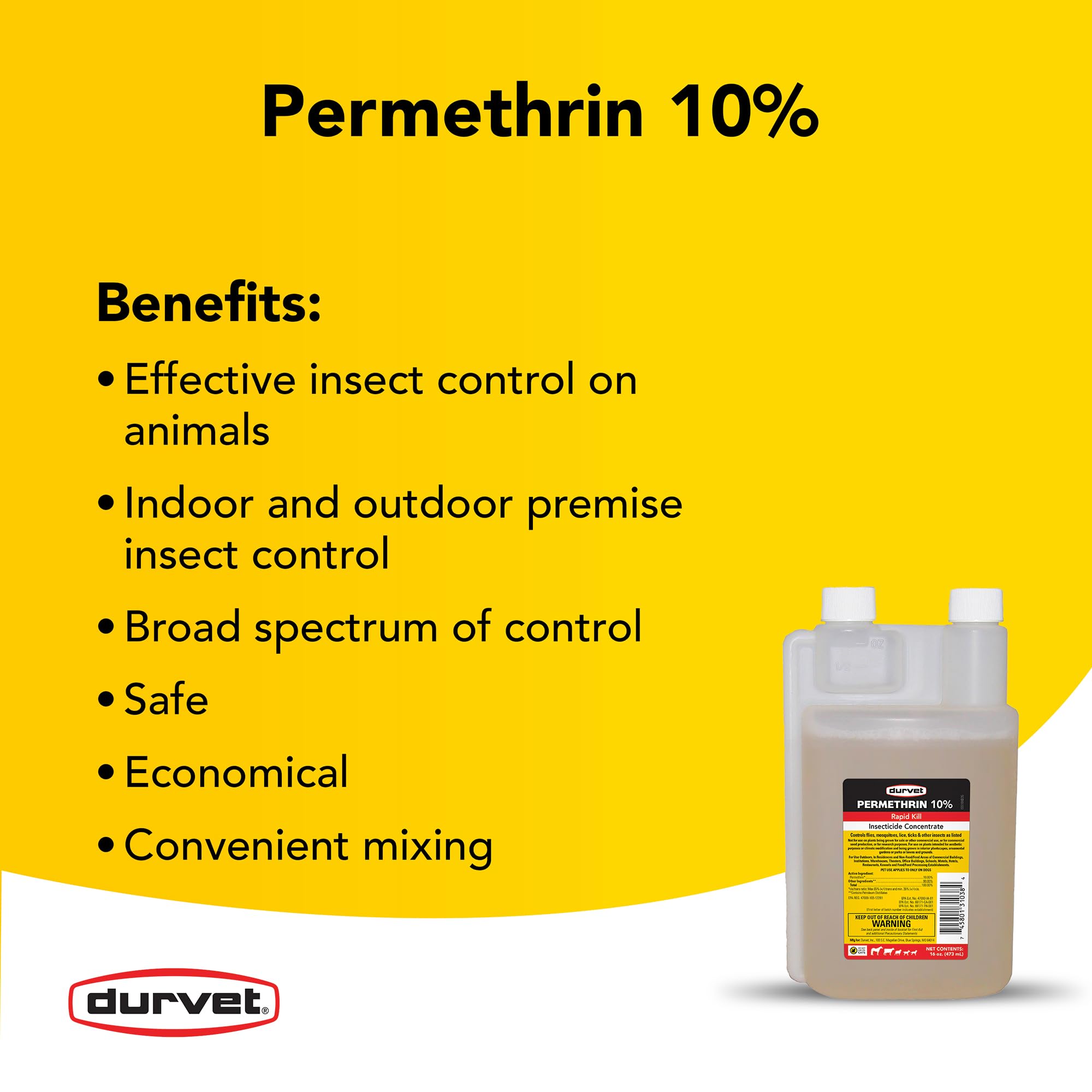 Durvet Permethrin EC 10% label close-up highlighting usage directions and safety.
