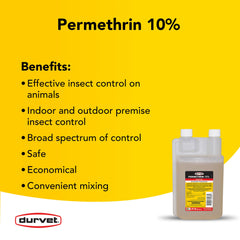 Durvet Permethrin EC 10% label close-up highlighting usage directions and safety.