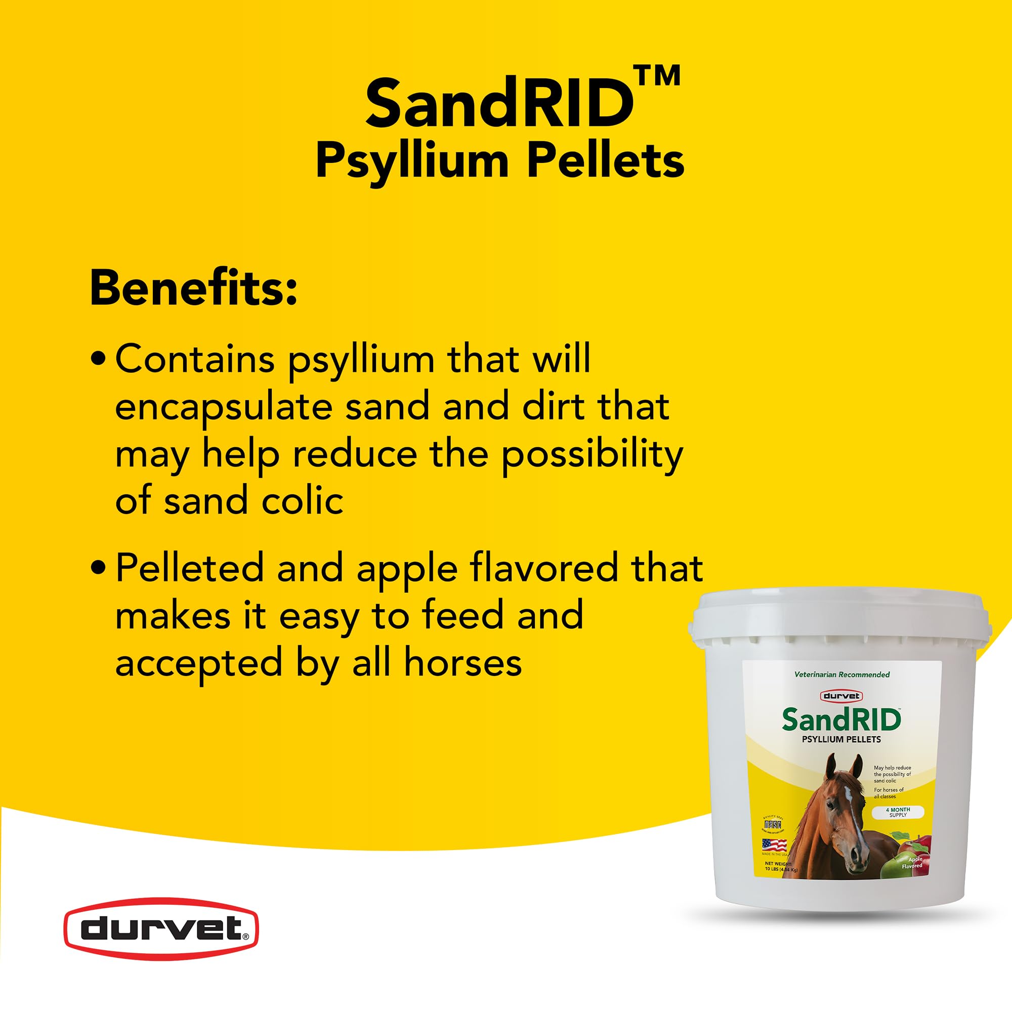 Durvet Sandrid Psyllium Pellets label highlights apple and molasses flavor for palatability.