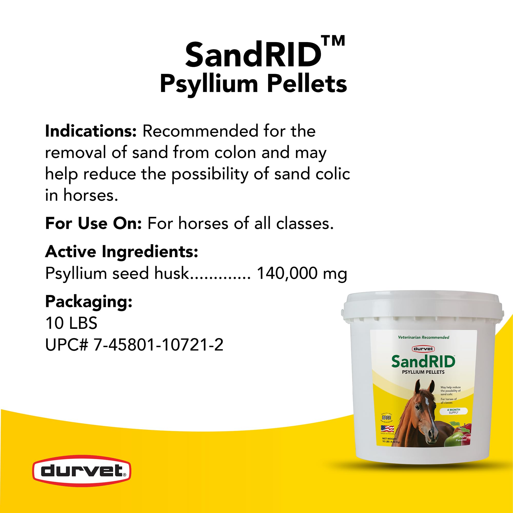 Durvet Sandrid Psyllium Pellets package pictured for constipation and stool support in horses.