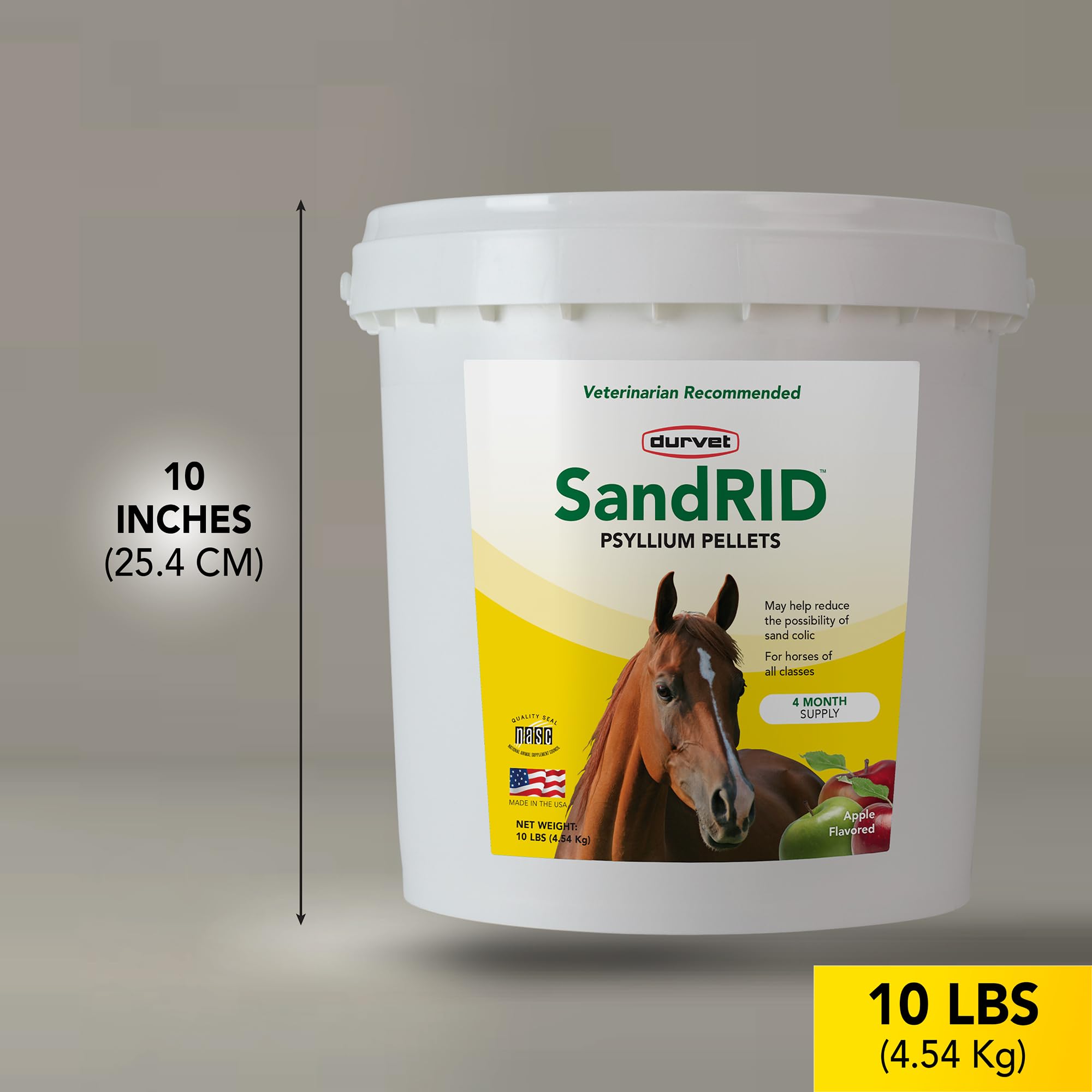 Durvet Sandrid Psyllium Pellets product packaging with USA-made badge.