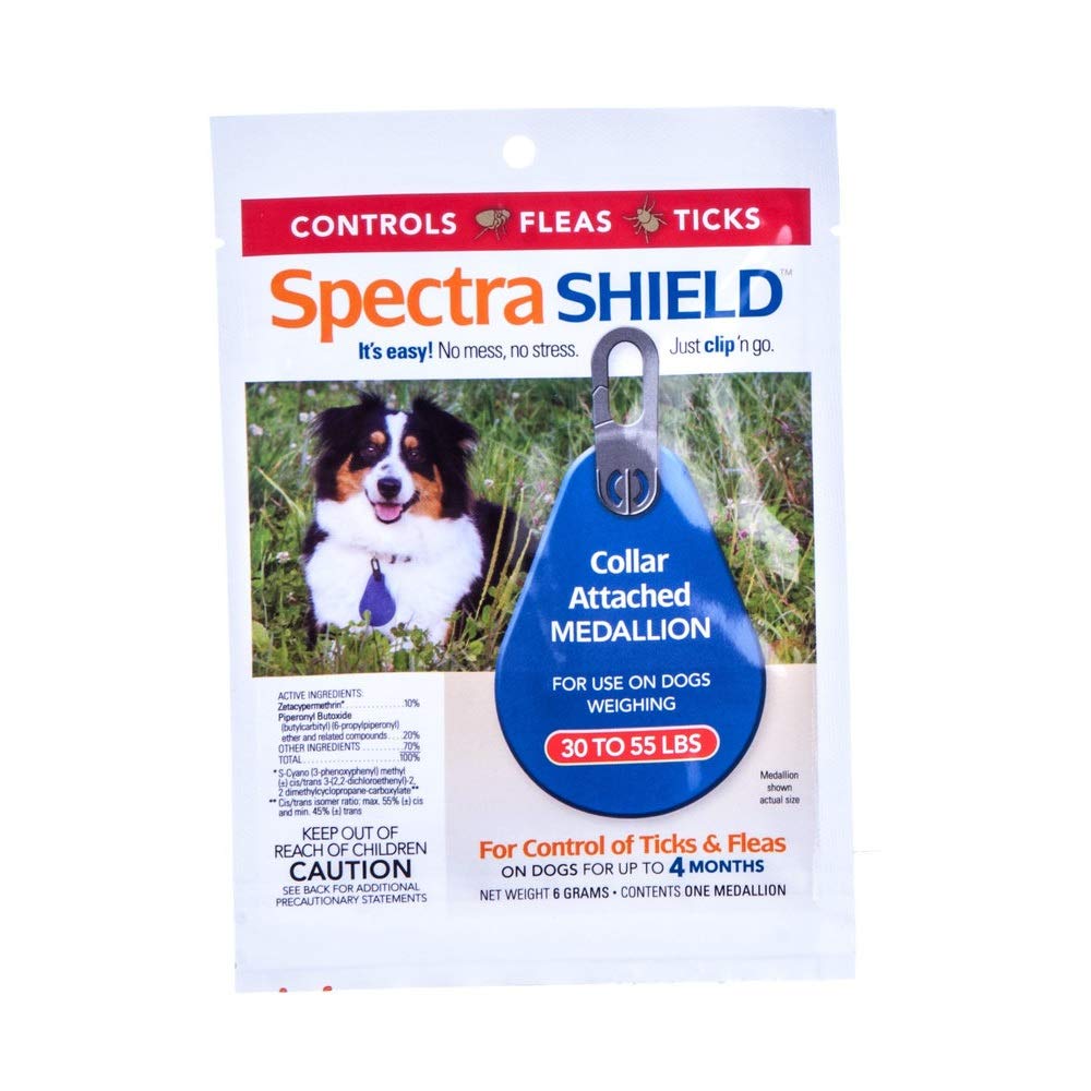 Durvet Spectra Shield collar medallion on dog providing four months of flea and tick protection