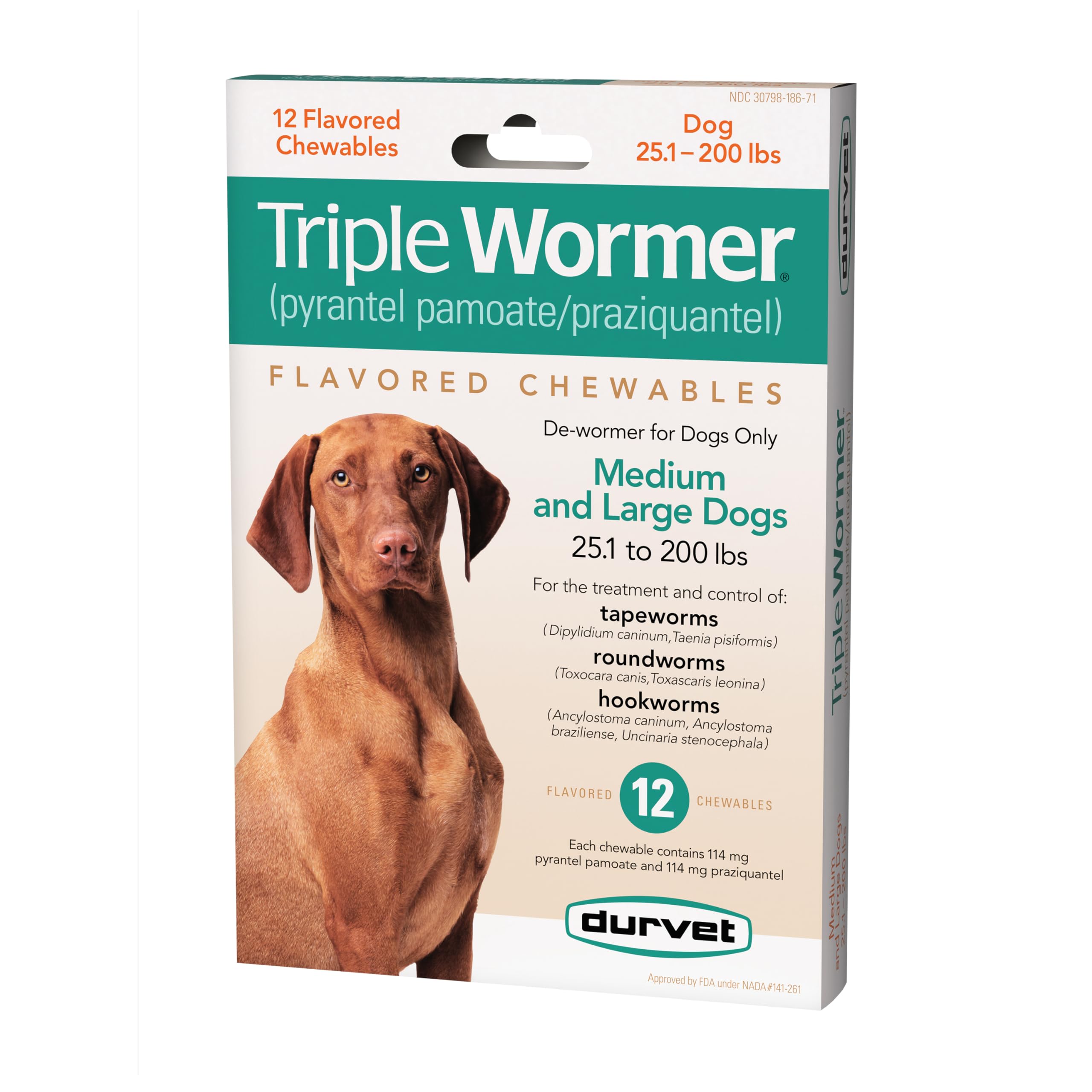 Durvet Triple Wormer bottle and tablets for dogs, convenient packaging.