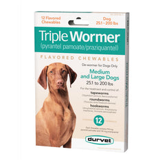 Durvet Triple Wormer bottle and tablets for dogs, convenient packaging.
