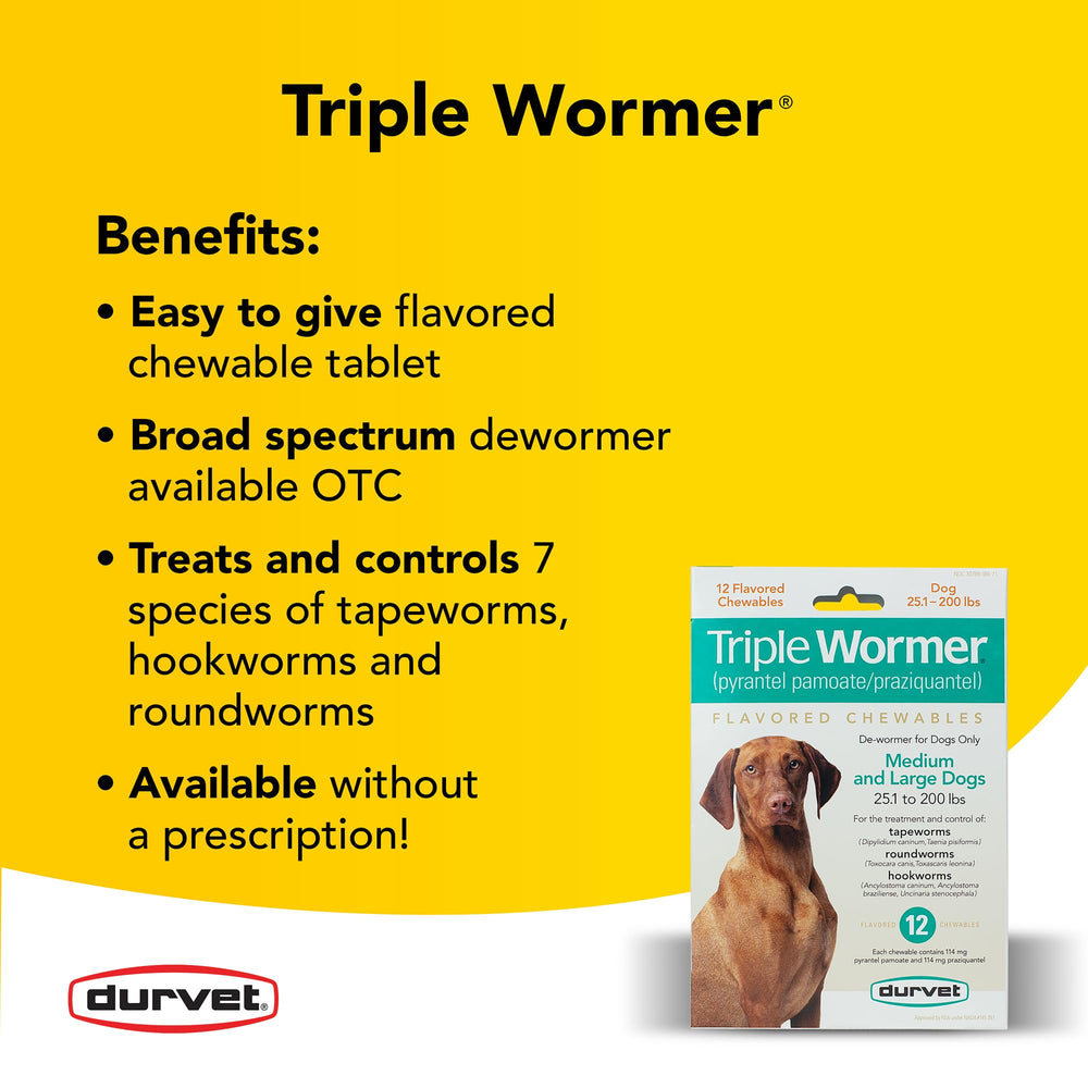 Durvet Triple Wormer chewable tablets close-up, easy at home dosing.
