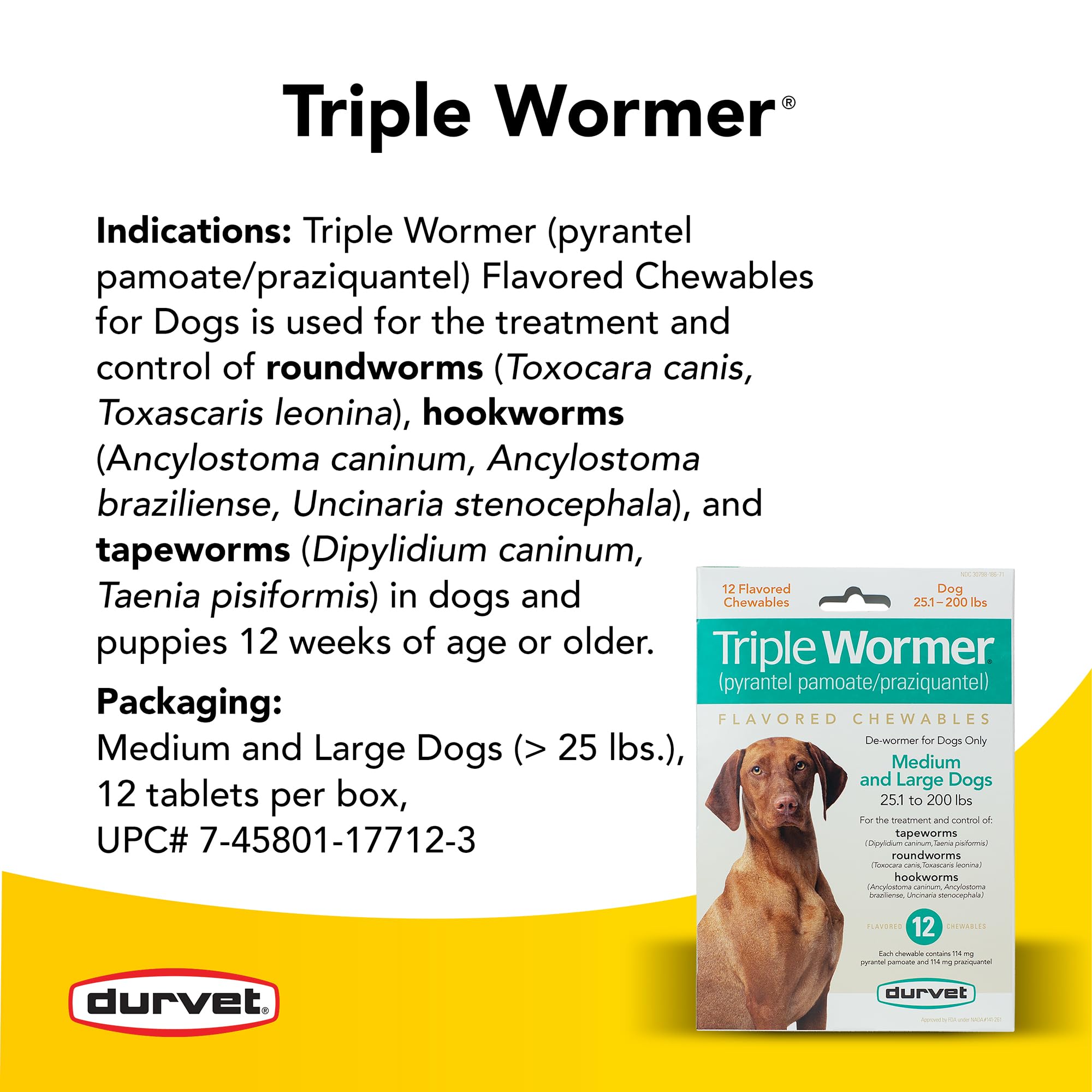 Durvet Triple Wormer dosage chart image showing weight-based tablet counts.