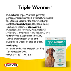 Durvet Triple Wormer dosage chart image showing weight-based tablet counts.