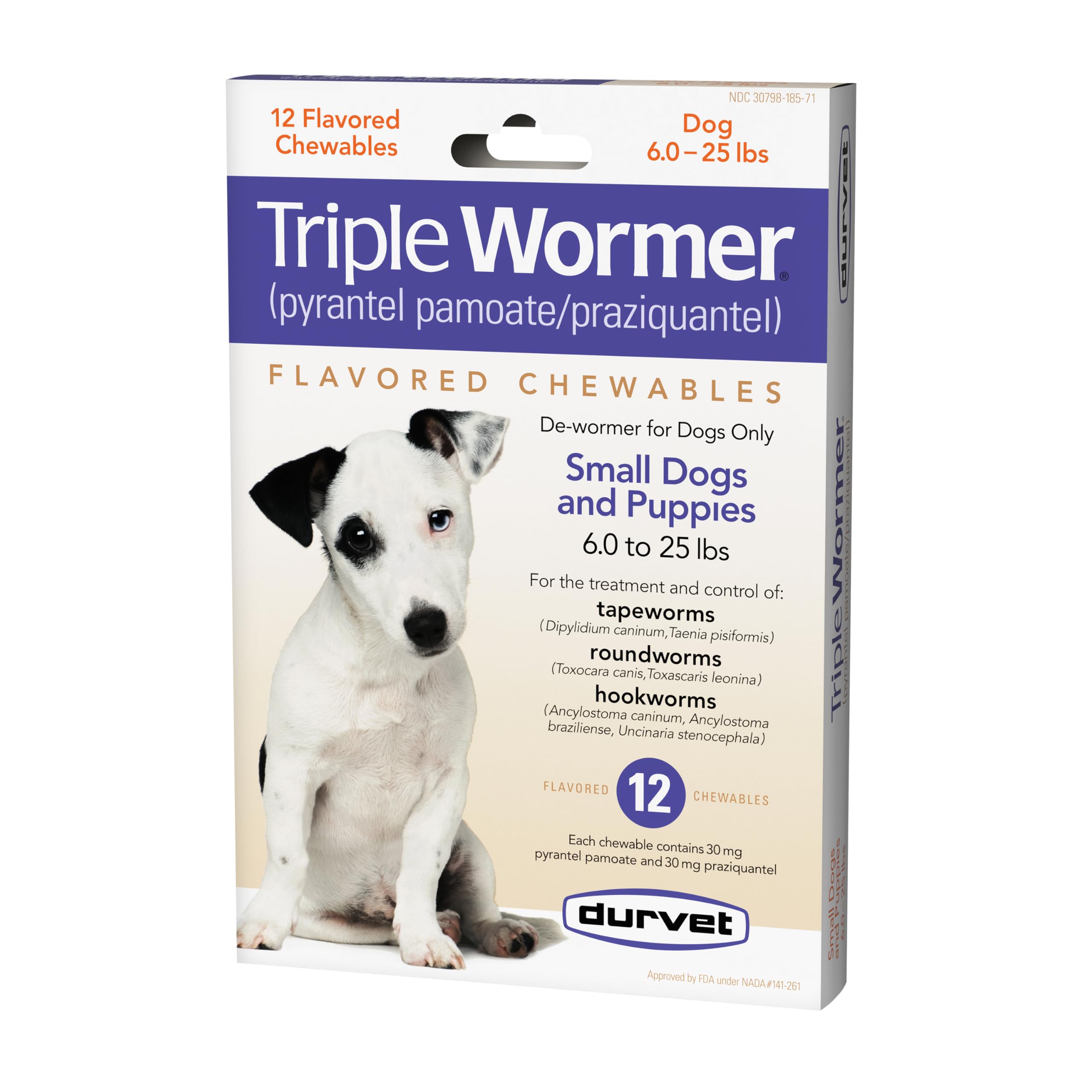 Durvet Triple Wormer puppies packaging showing non-prescription chewable for small dogs