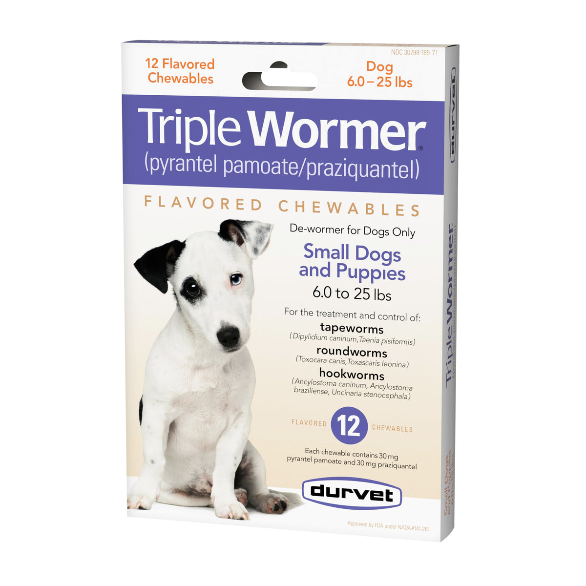 Durvet Triple Wormer puppies packaging showing non-prescription chewable for small dogs