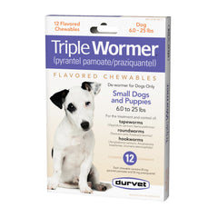 Durvet Triple Wormer puppies packaging showing non-prescription chewable for small dogs