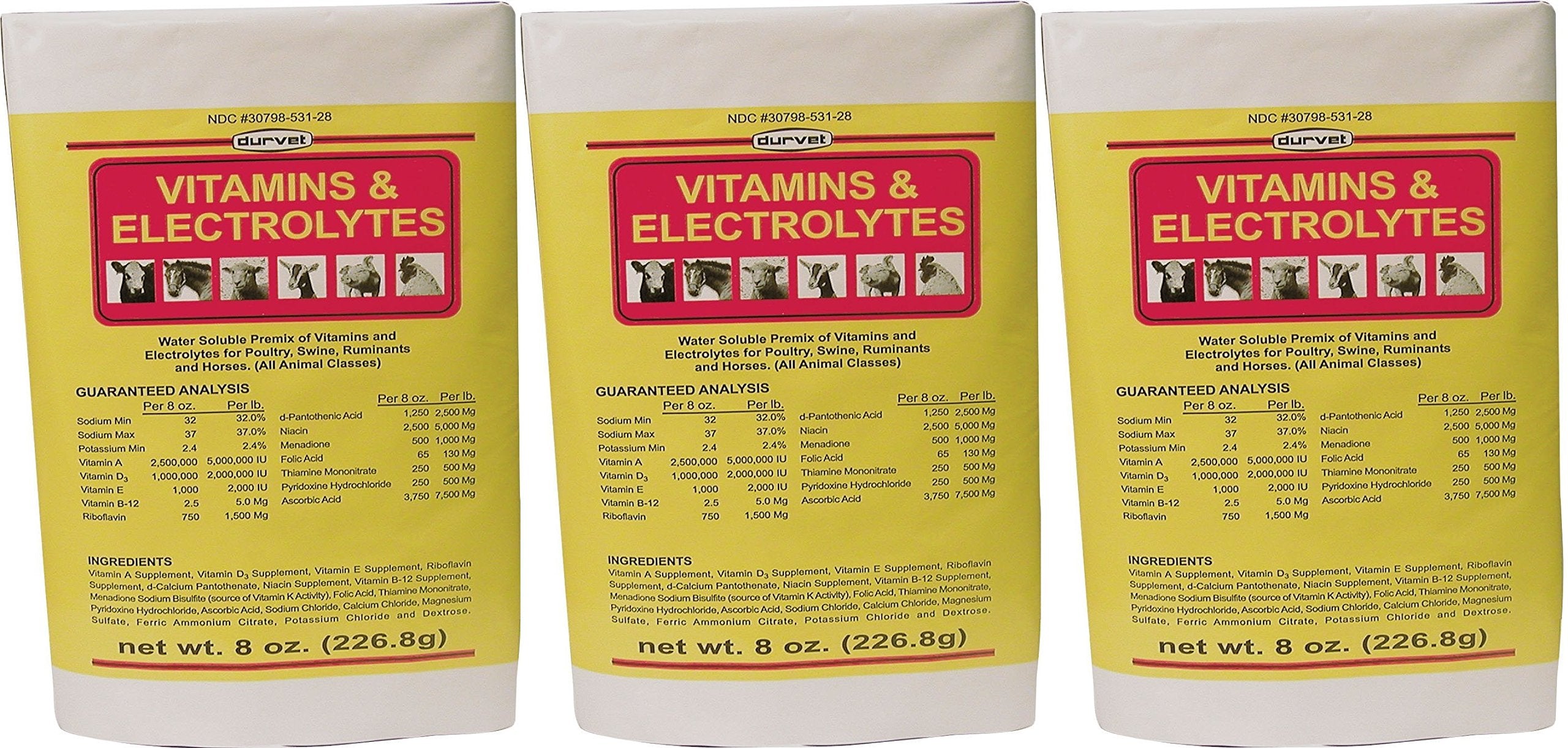 Durvet vitamins and electrolytes 8oz bottle pack for livestock and poultry hydration support.