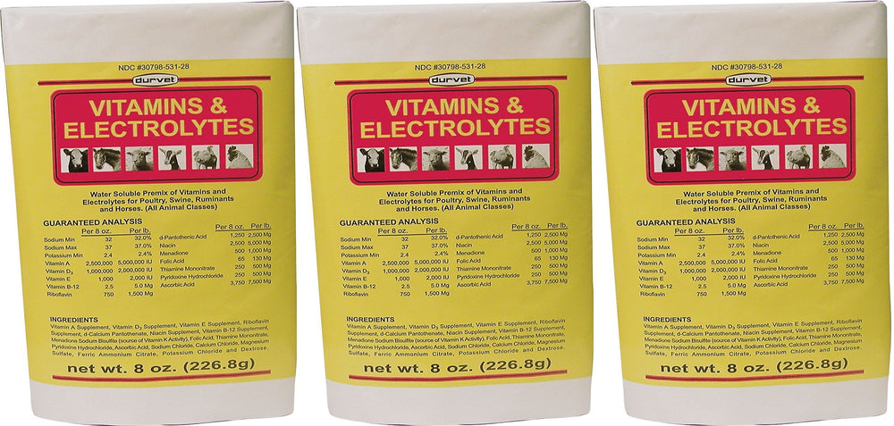 Durvet vitamins and electrolytes 8oz bottle pack for livestock and poultry hydration support.