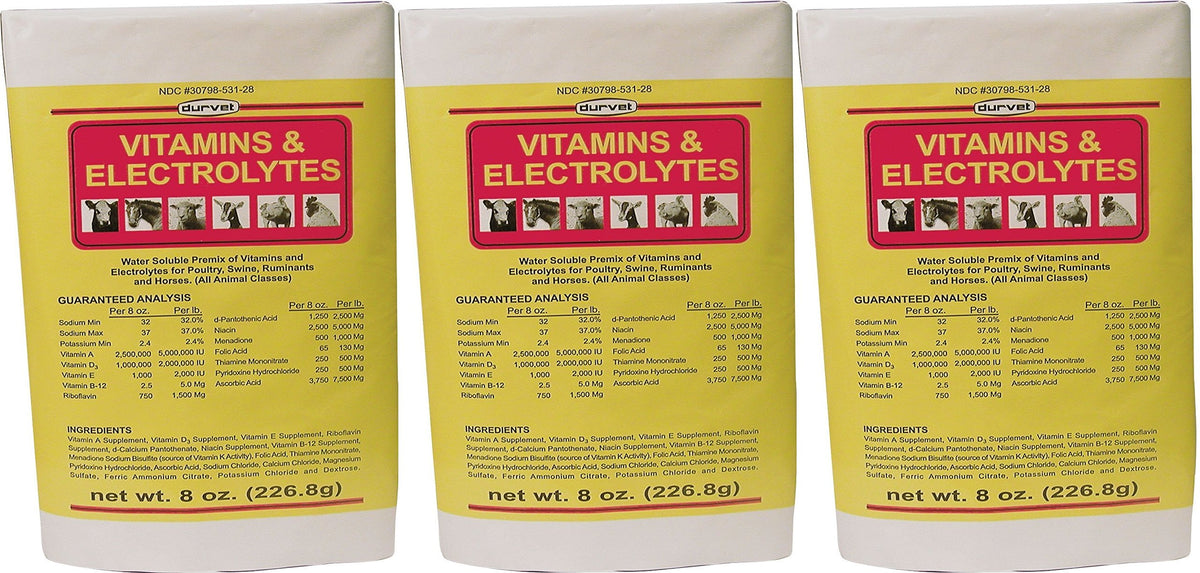 Durvet vitamins and electrolytes 8oz bottle pack for livestock and poultry hydration support.