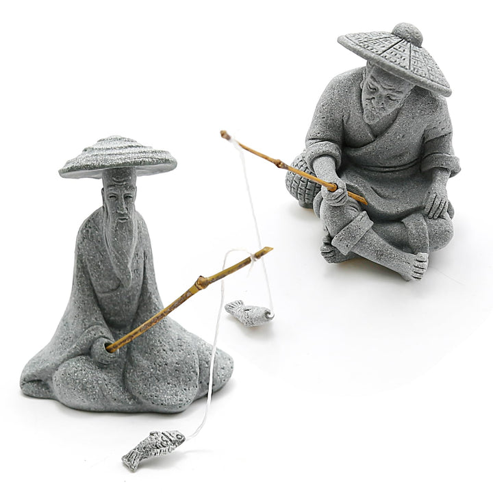 DUZFOREI sitting fishing figurine in sandstone for aquarium decor and calm ambiance