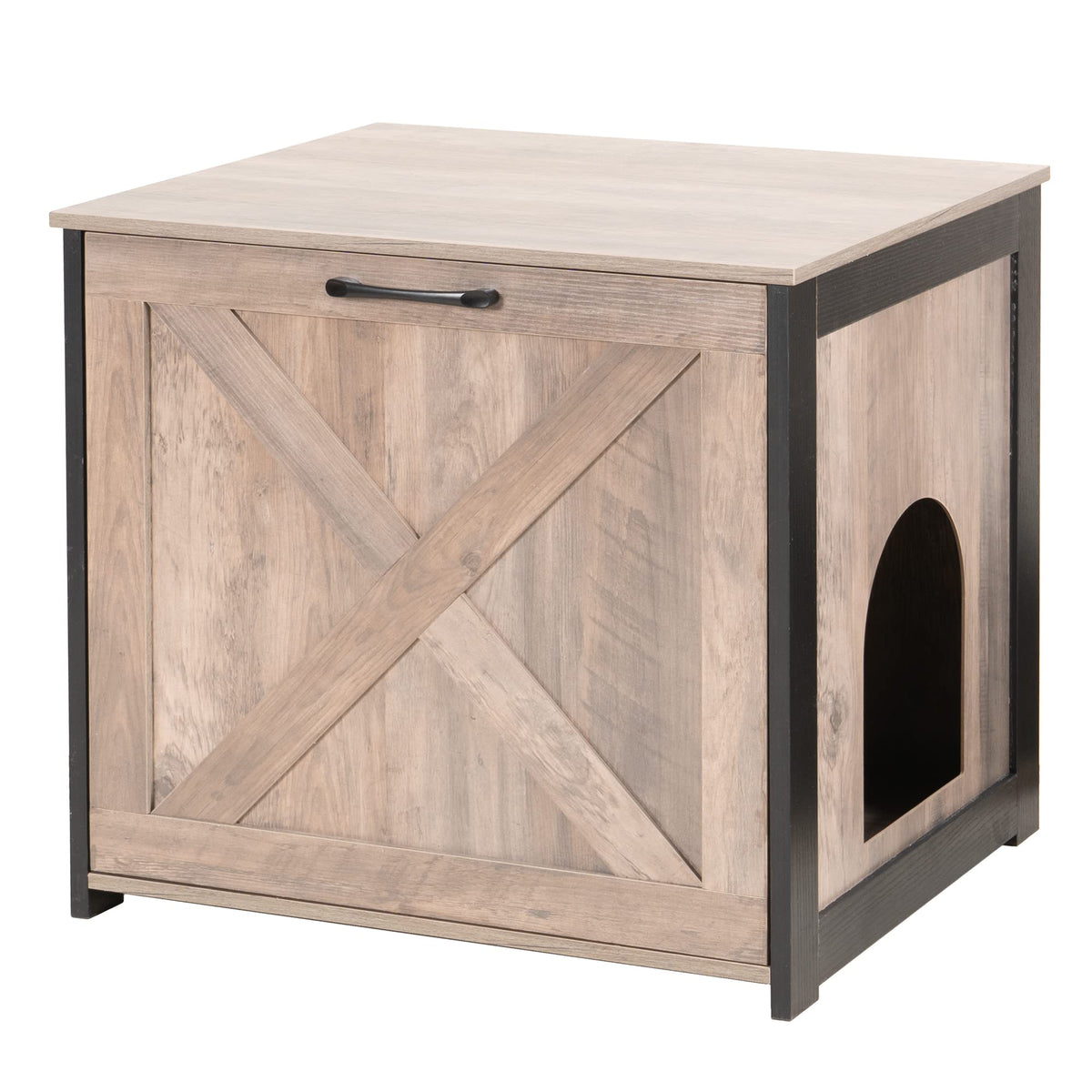 Dwanton hidden-design cat litter box enclosure blends with decor and keeps litter discreet.