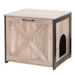 Dwanton hidden-design cat litter box enclosure blends with decor and keeps litter discreet.