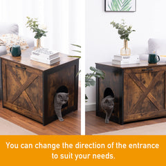Dwanton cat litter box enclosure shows reversible entrance in use