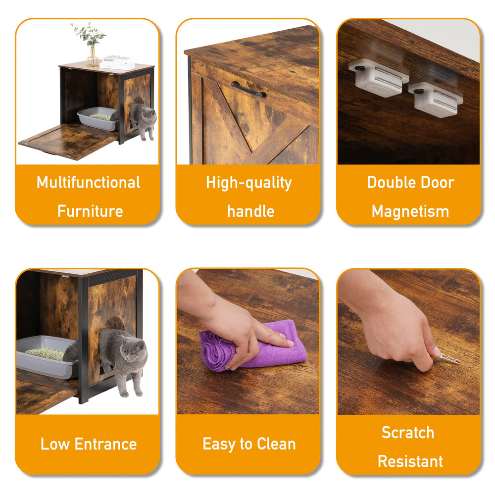 Dwanton rustic brown wood panel on cabinet conceals litter area