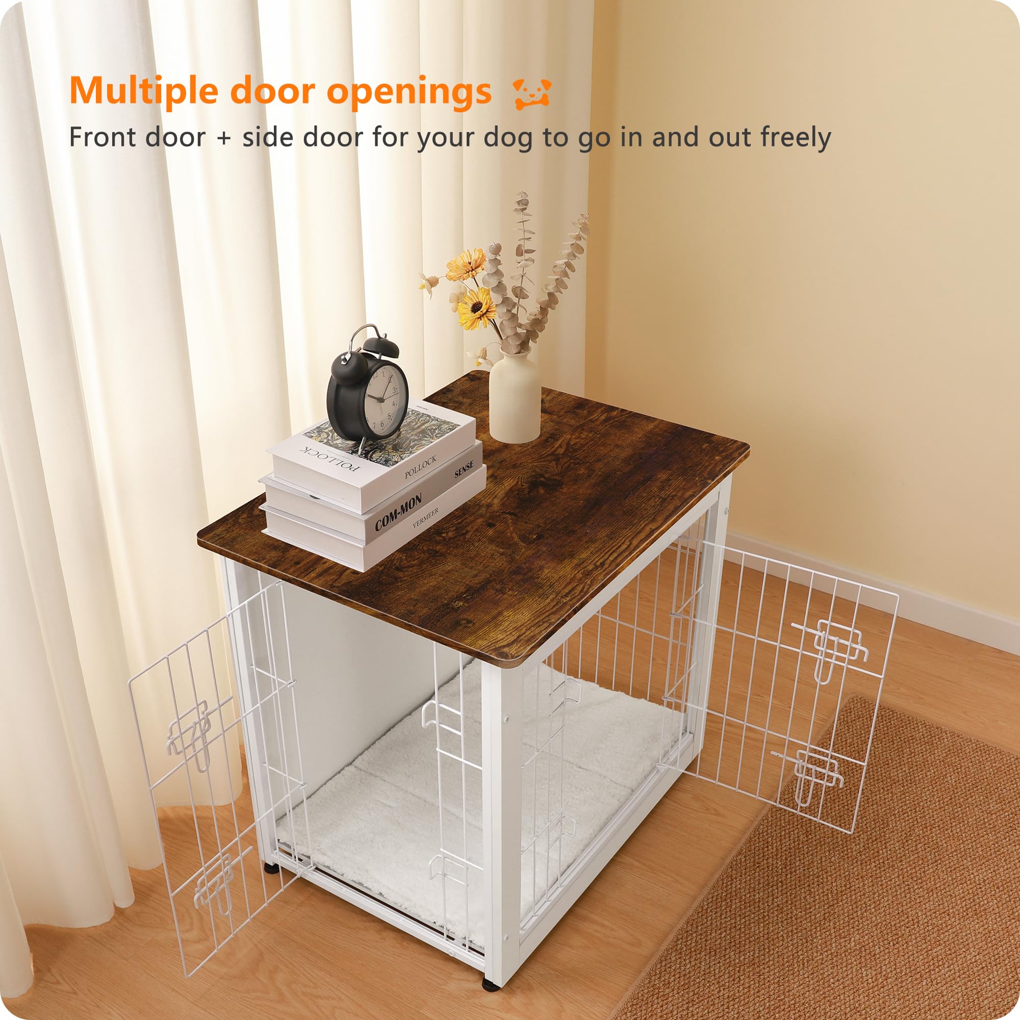 Dwanton crate side-table design with open doors for easy pet access