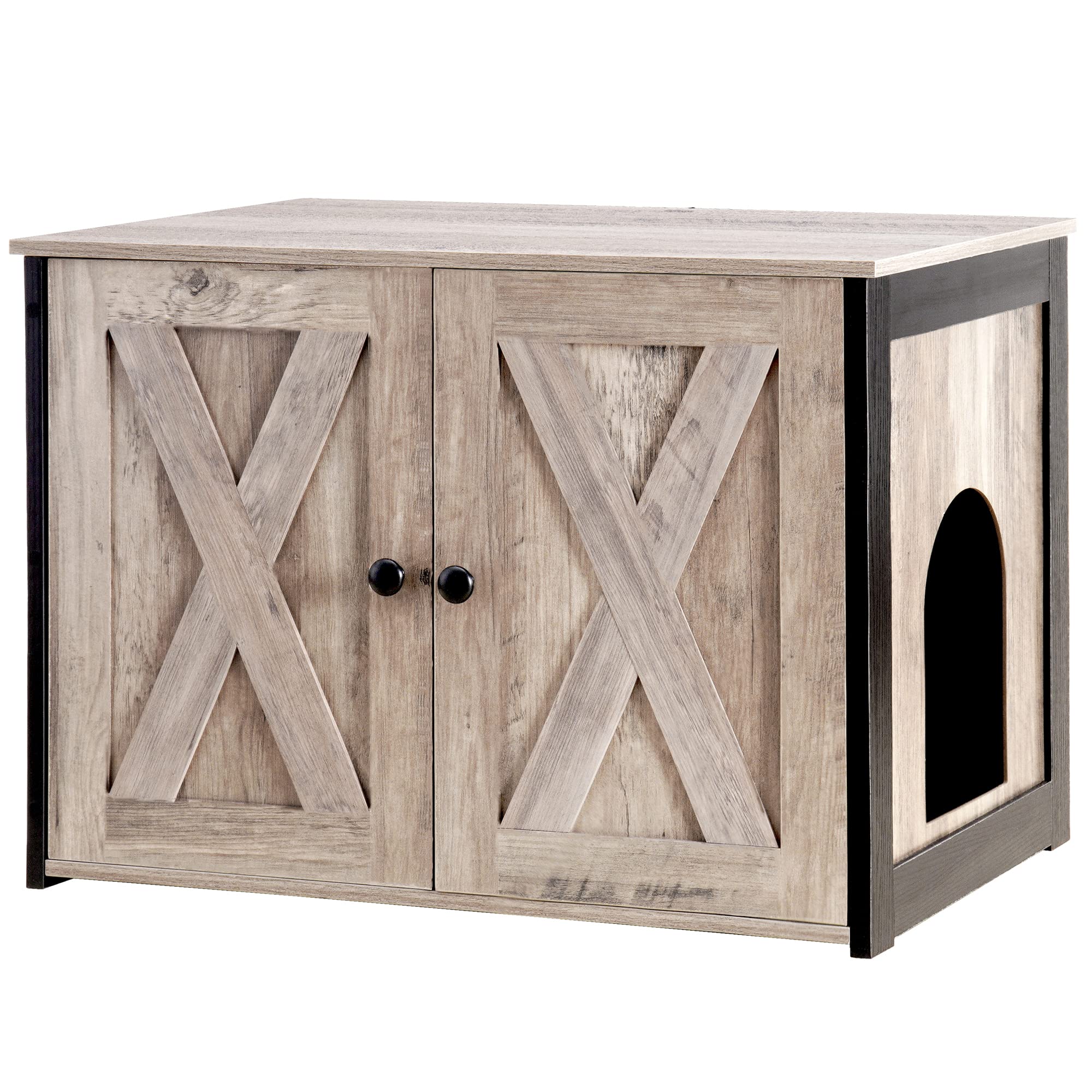 Dwanton Litter Box Enclosure front view highlighting greige panel for a stylish, hidden litter setup.