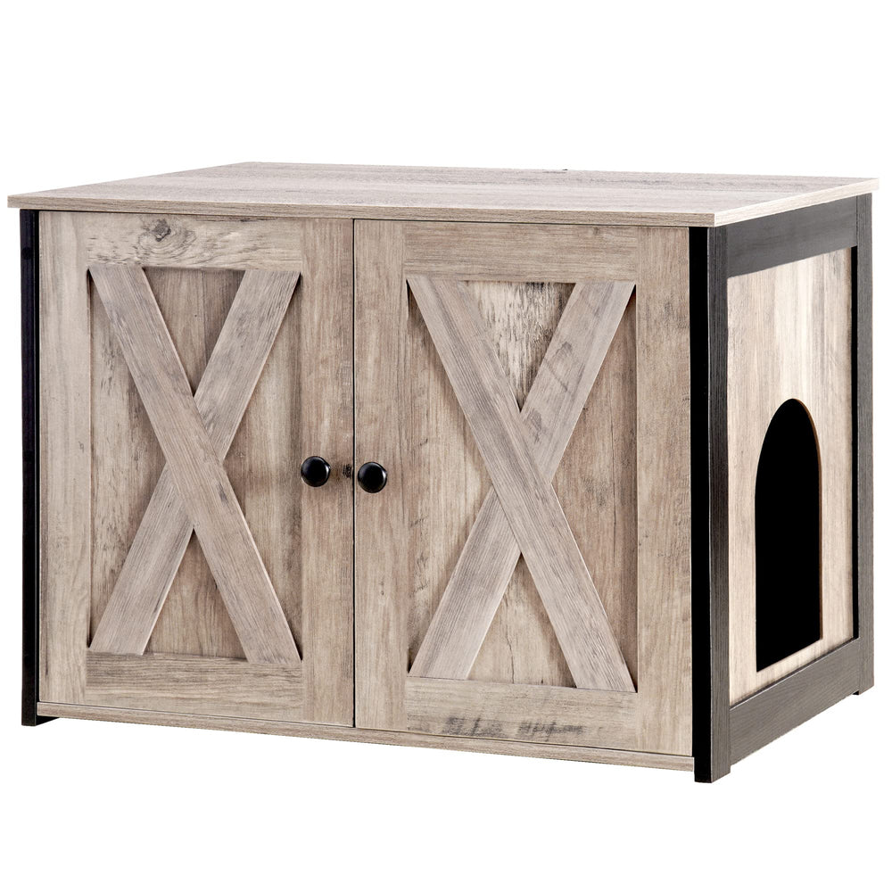 Dwanton Litter Box Enclosure front view highlighting greige panel for a stylish, hidden litter setup.