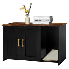 Dwanton litter box enclosure front view with a stylish black frame and rustic top.