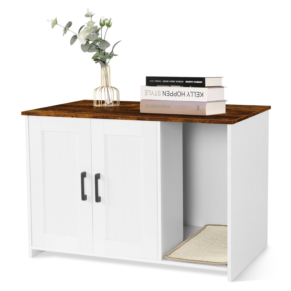 Dwanton litter box enclosure front view shows discreet litter hiding