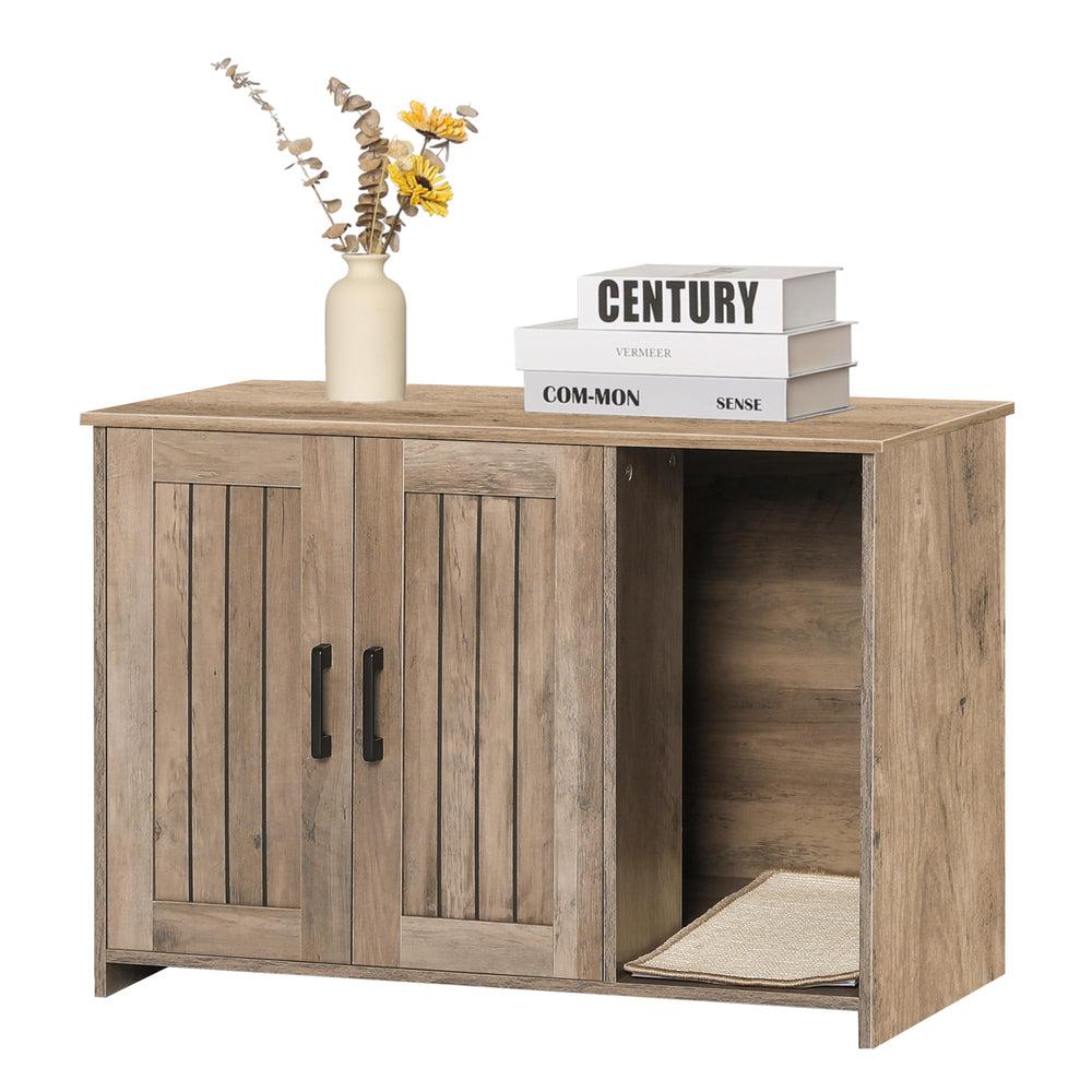 Dwanton litter box enclosure front view with greige wood finish for discreet cat space.