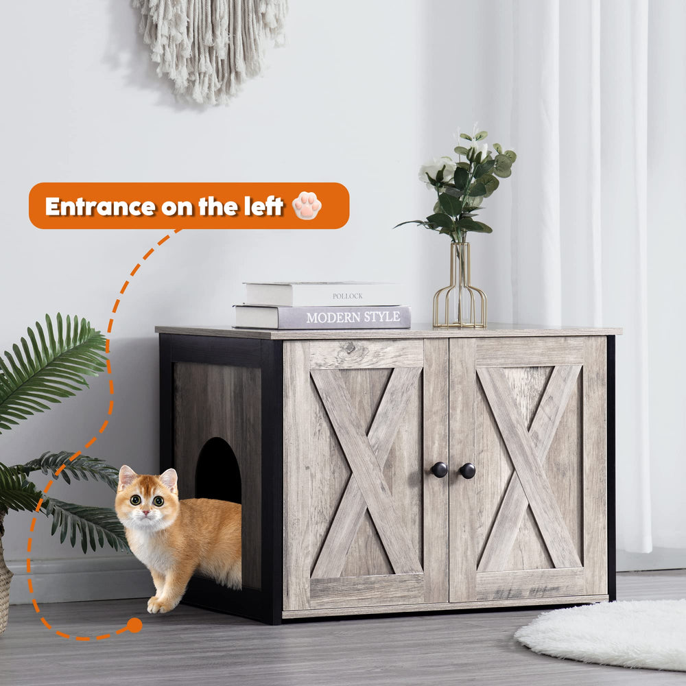 Dwanton Litter Box Enclosure side-entry closeup highlighting discreet design and easy routing for quiet hideaway.