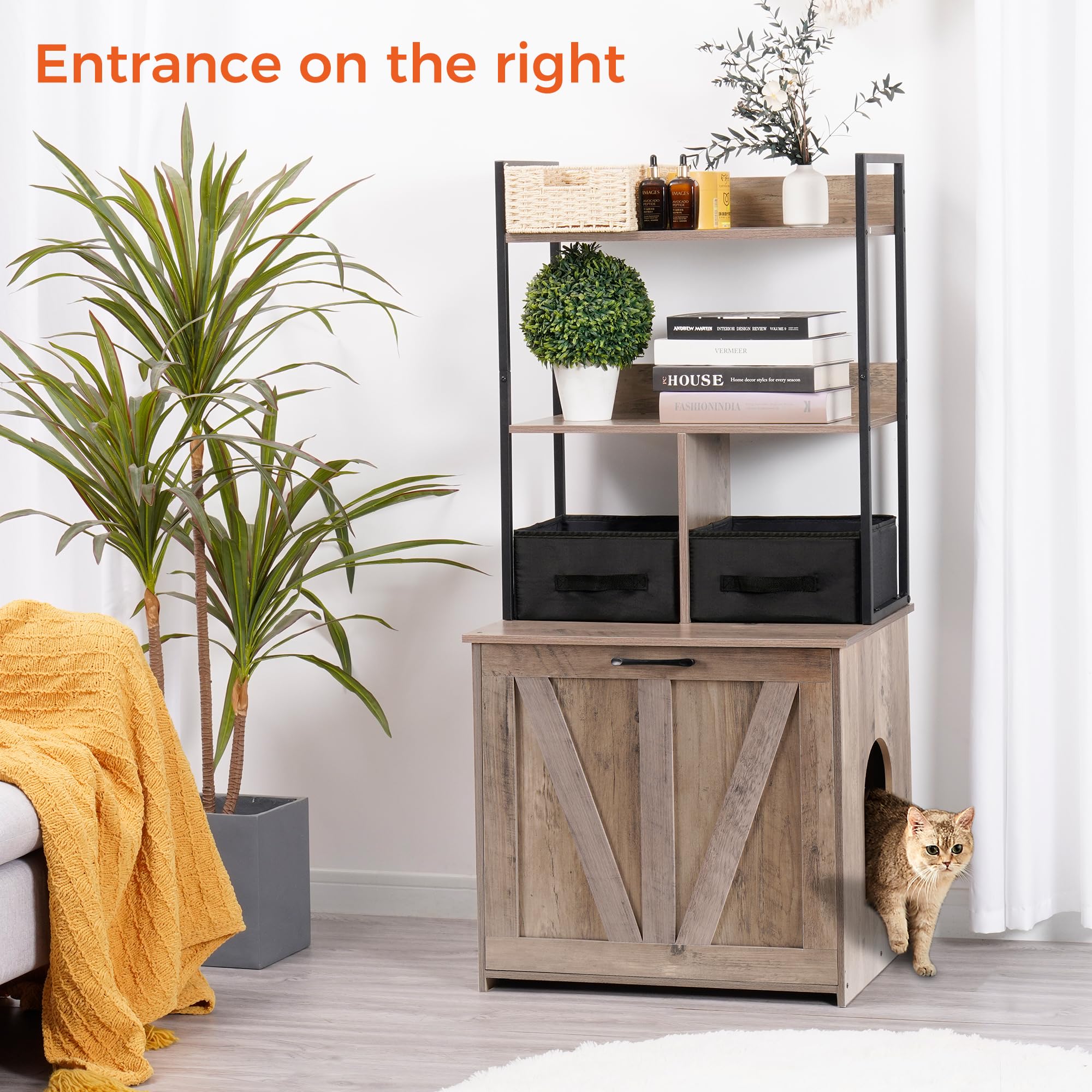 Dwanton litter box enclosure with two shelves for storage and decor.