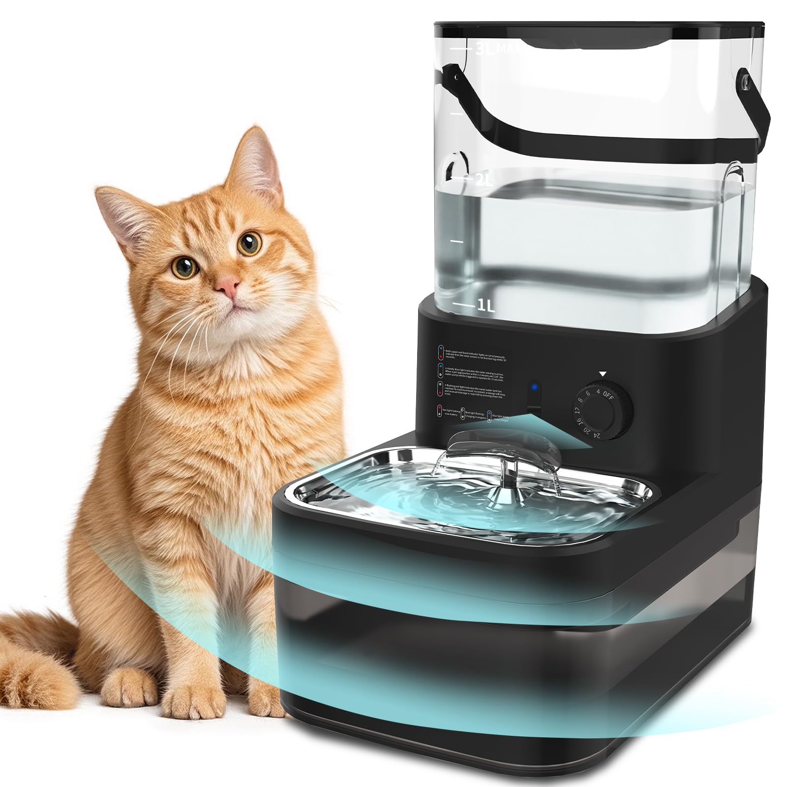 Dwarfuarm filterless cat fountain front view promotes fresh hydration for pets.