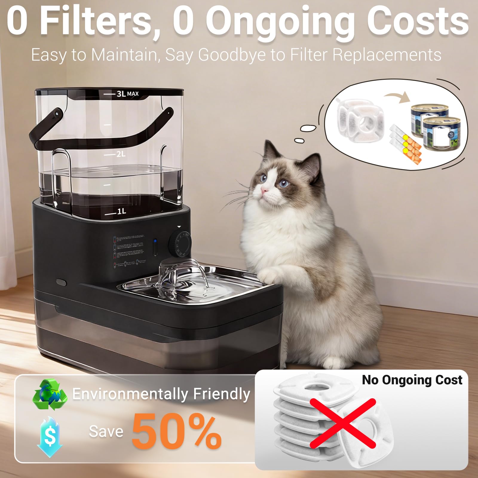 Dwarfuarm filterless fountain side profile highlights wireless placement freedom.