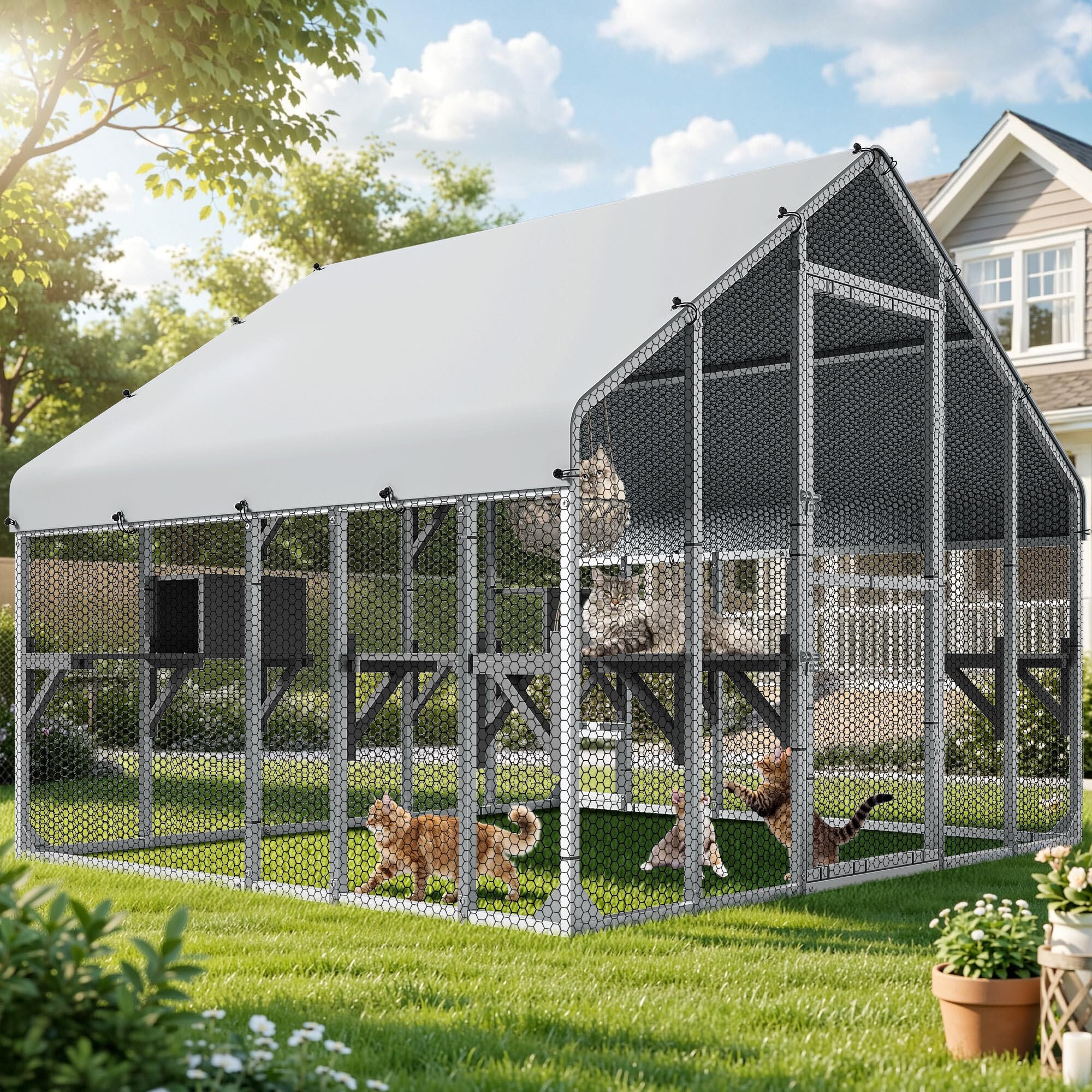 DWVO 94-inch catio front view shows a spacious multi-cat outdoor play area