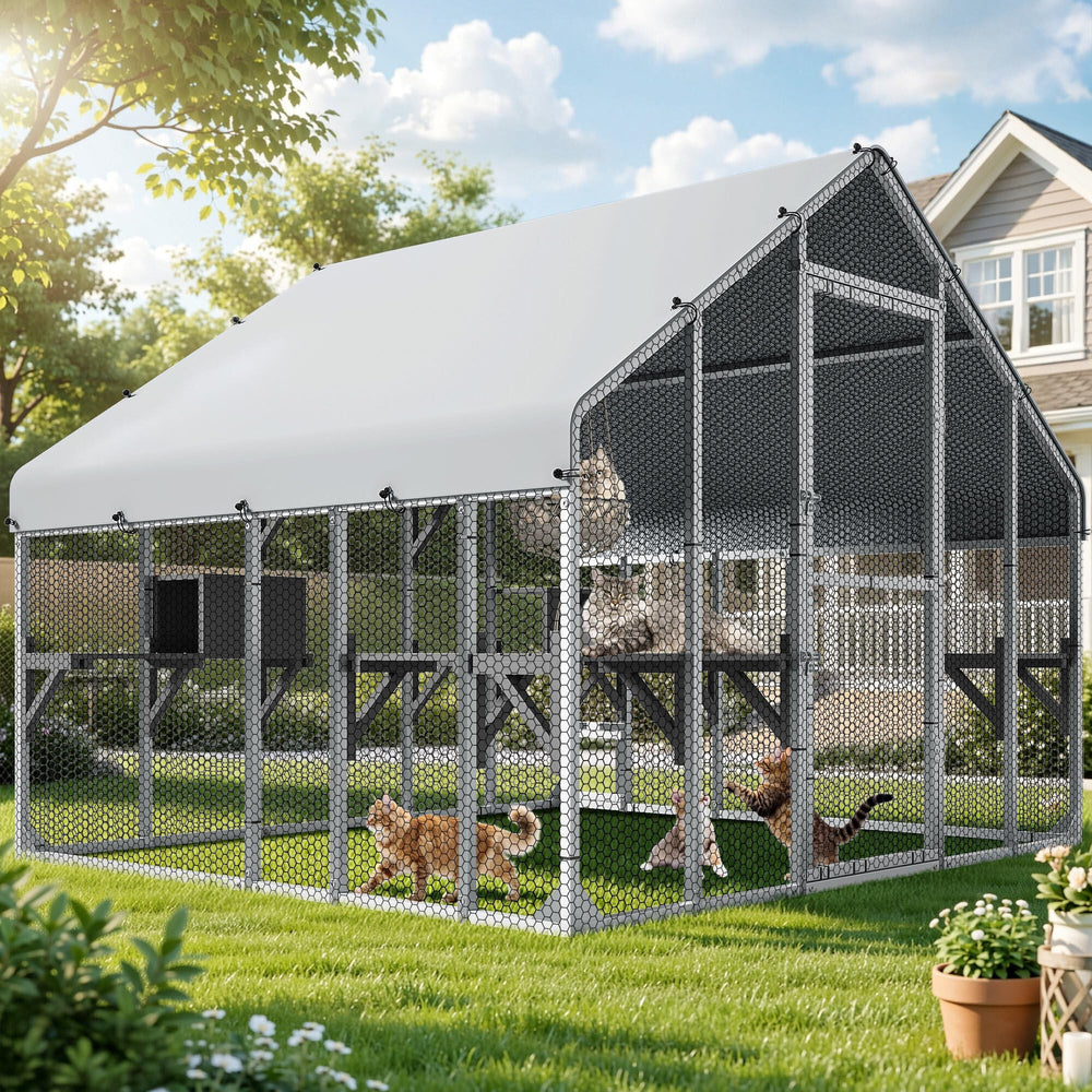 DWVO 94-inch catio front view shows a spacious multi-cat outdoor play area
