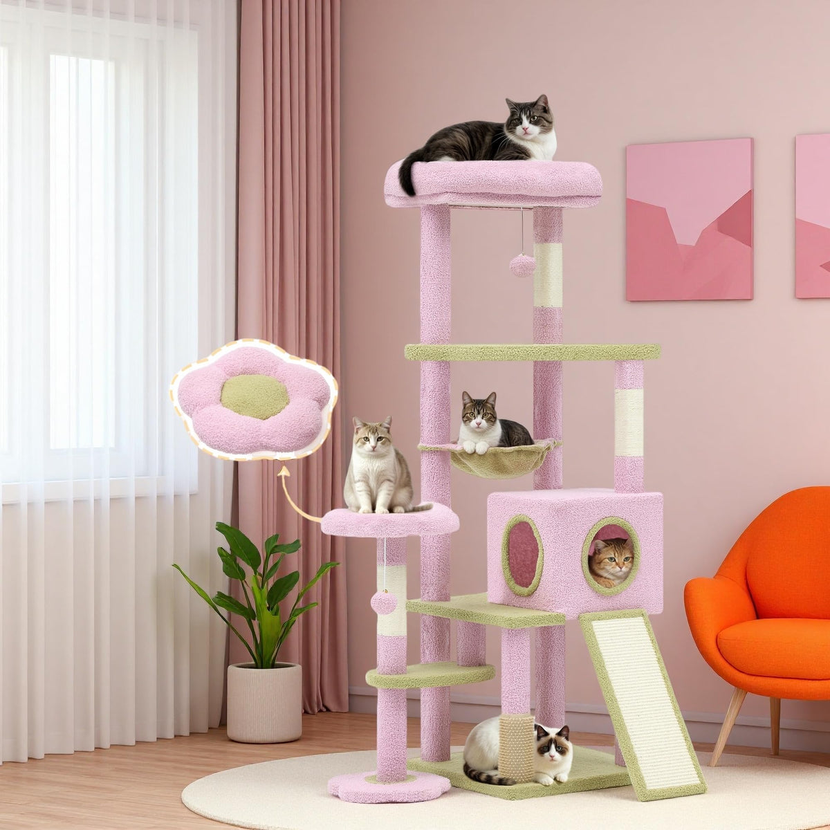 DWVO Flower Cat Tree 61-inch tall perch for multi-cat lounging and play