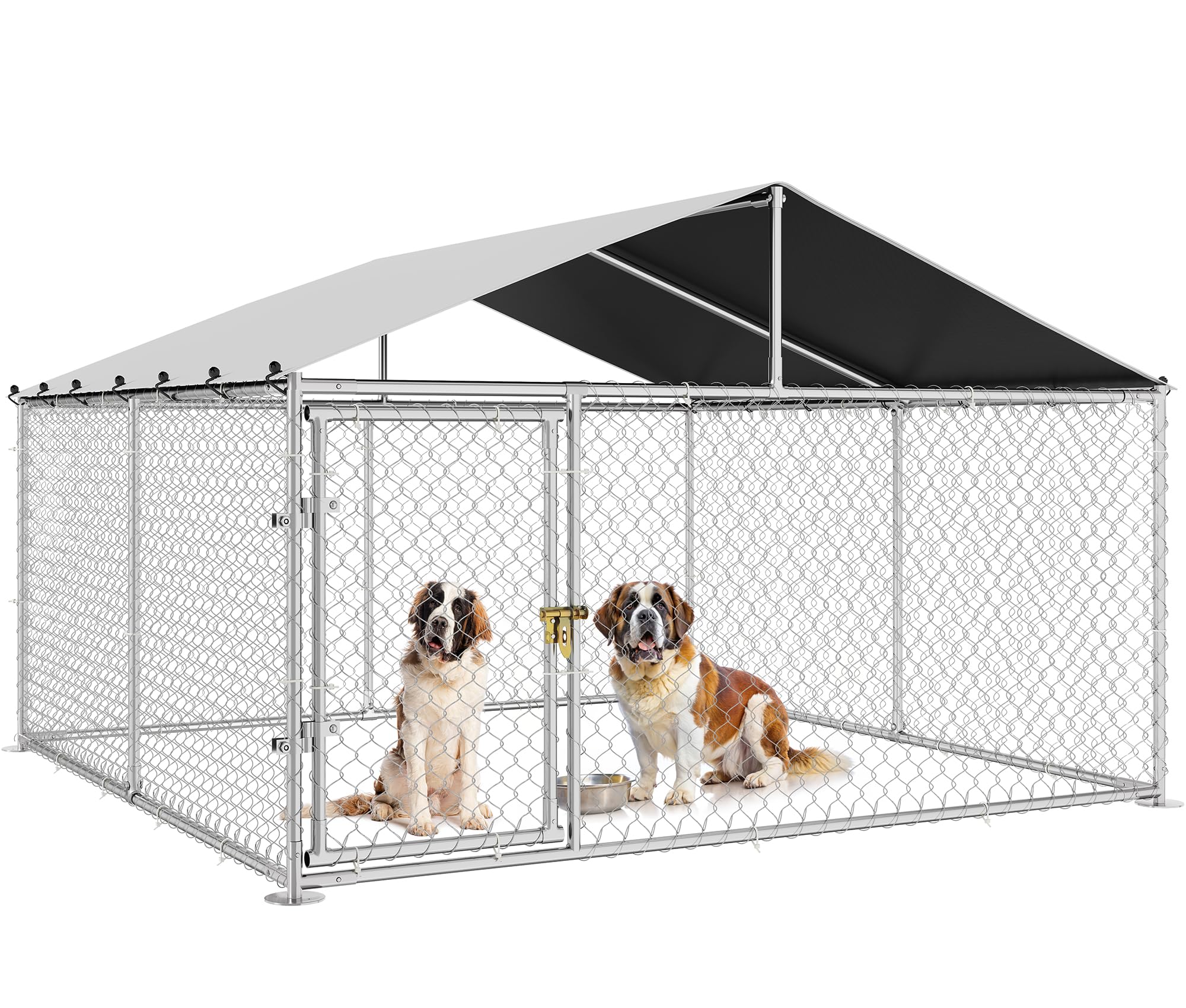 DWVO outdoor dog enclosure with roof and metal gate for secure play.