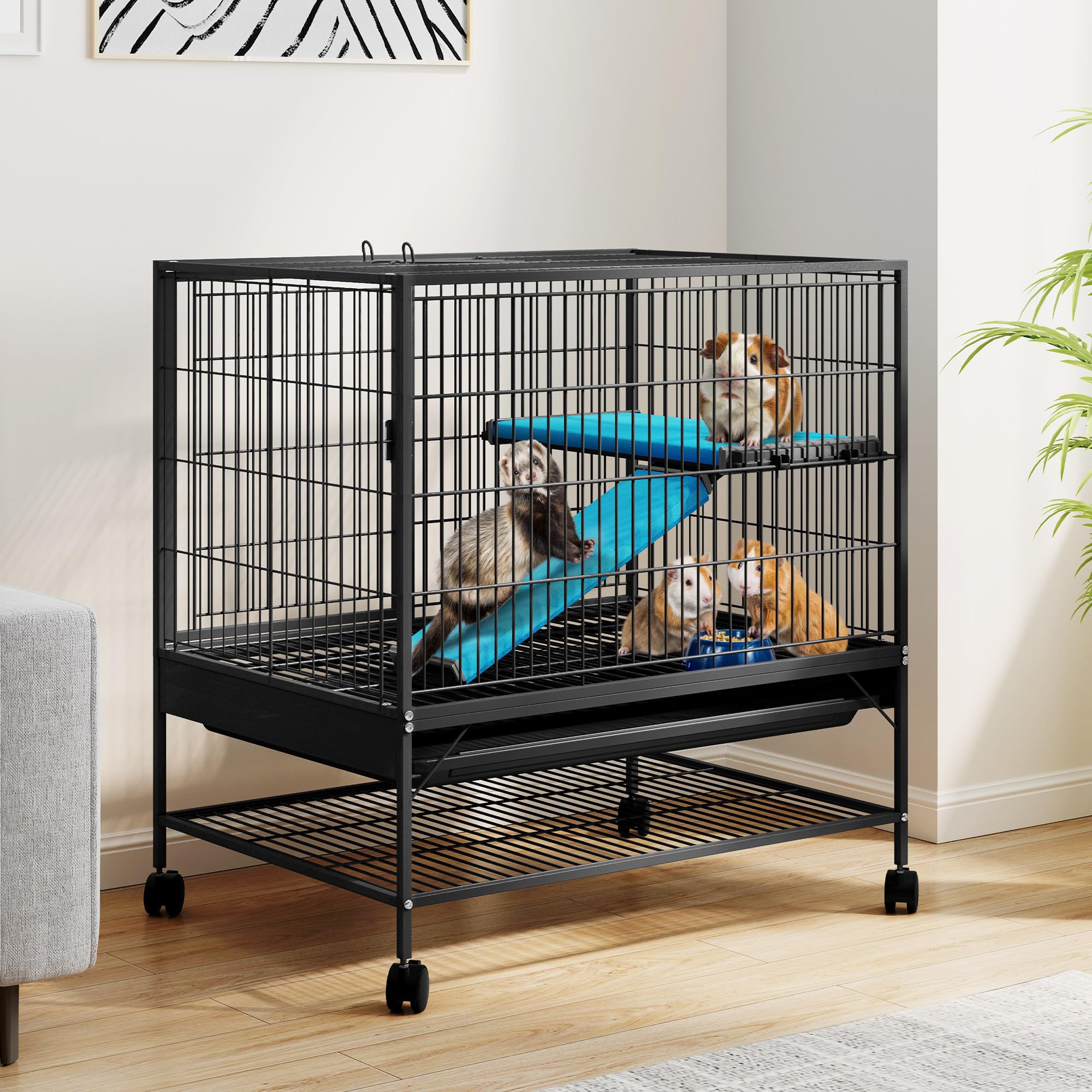 DWVO two-tier cage with wheels enables easy indoor mobility for pets