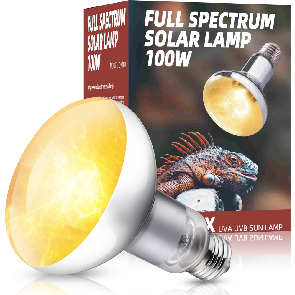 DXOPHIEX 100W reptile heat lamp bulb front view showing full spectrum light for reptiles