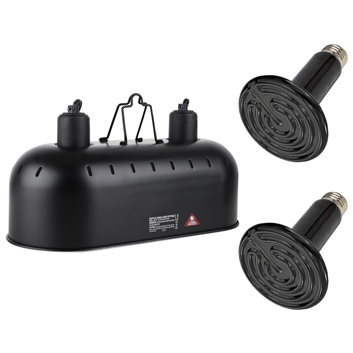 DXOPHIEX dual reptile light fixture close-up showing ceramic heat emitters for steady heat