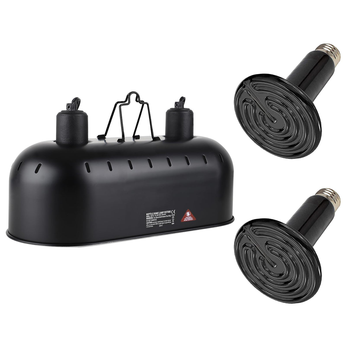 DXOPHIEX dual reptile light fixture close-up showing ceramic heat emitters for steady heat