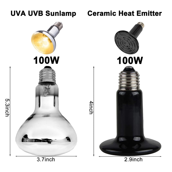 DXOPHIEX two 100W UVA UVB bulbs emulate sunlight for reptile comfort.