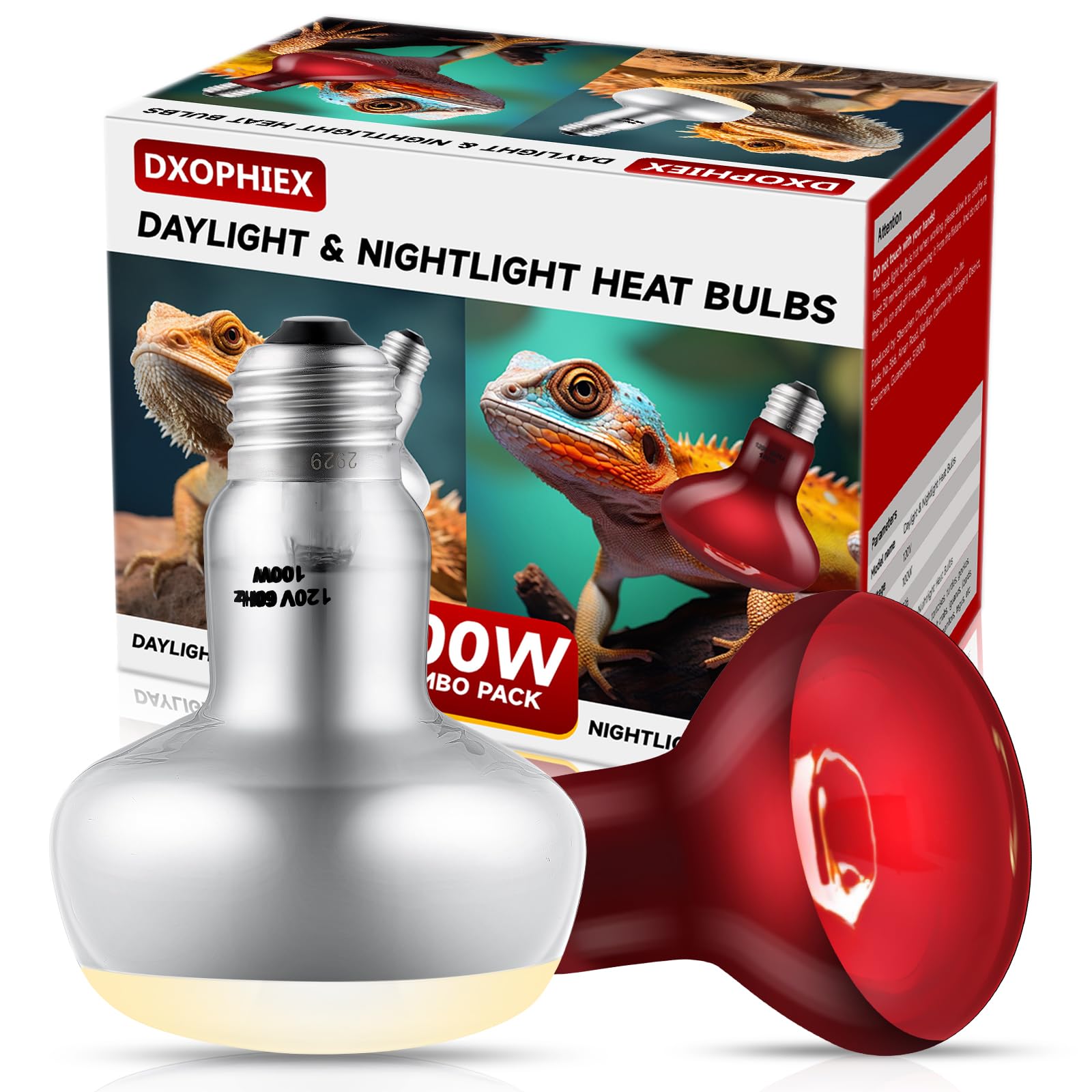 DXOPHIEX two-pack basking bulbs for bearded dragons and reptiles offer day-night light variation.