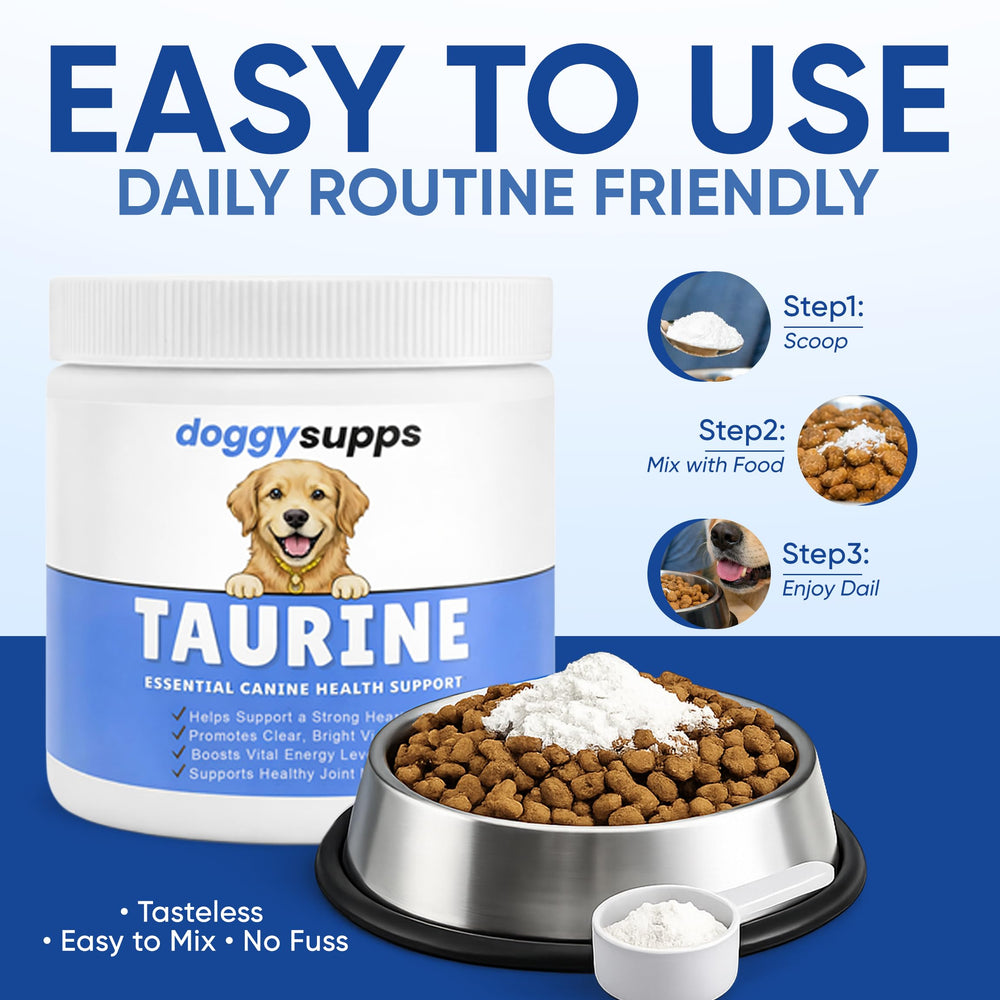 DXWXH Doggy Supps Taurine packaging label close-up for easy dosing