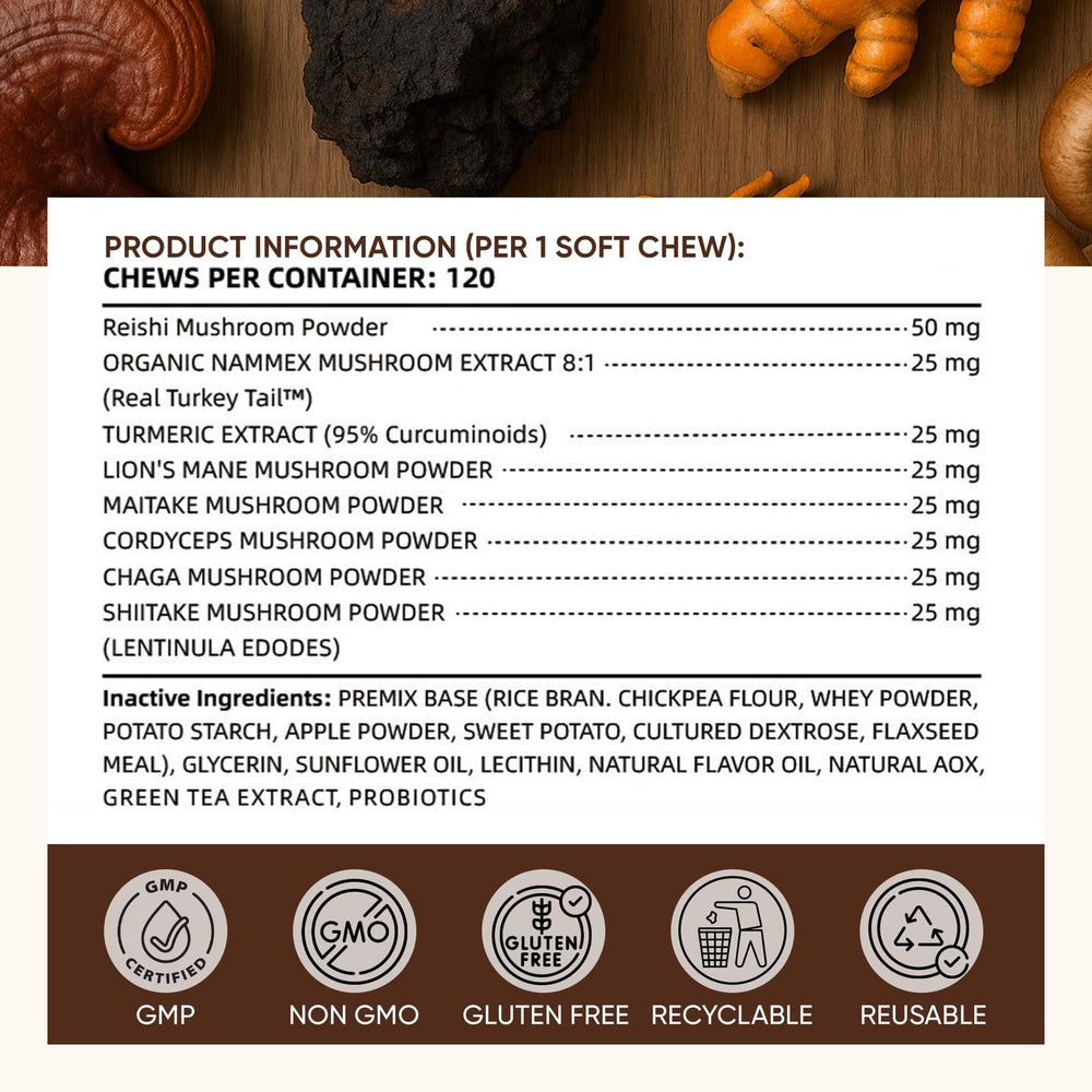DXWXH Turkey Tail dog chews jar label highlighting premium blend