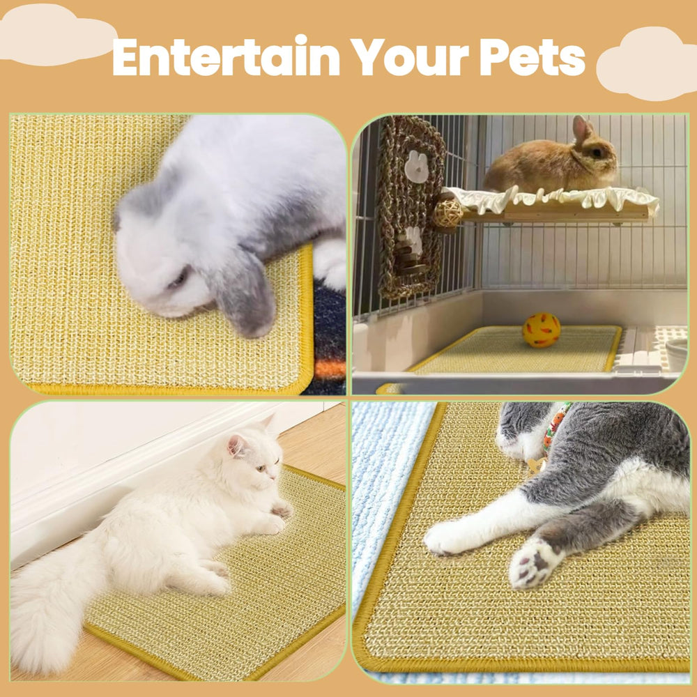 DYAUS rabbit scratching pad in use on bedding for cozy resting and activity.