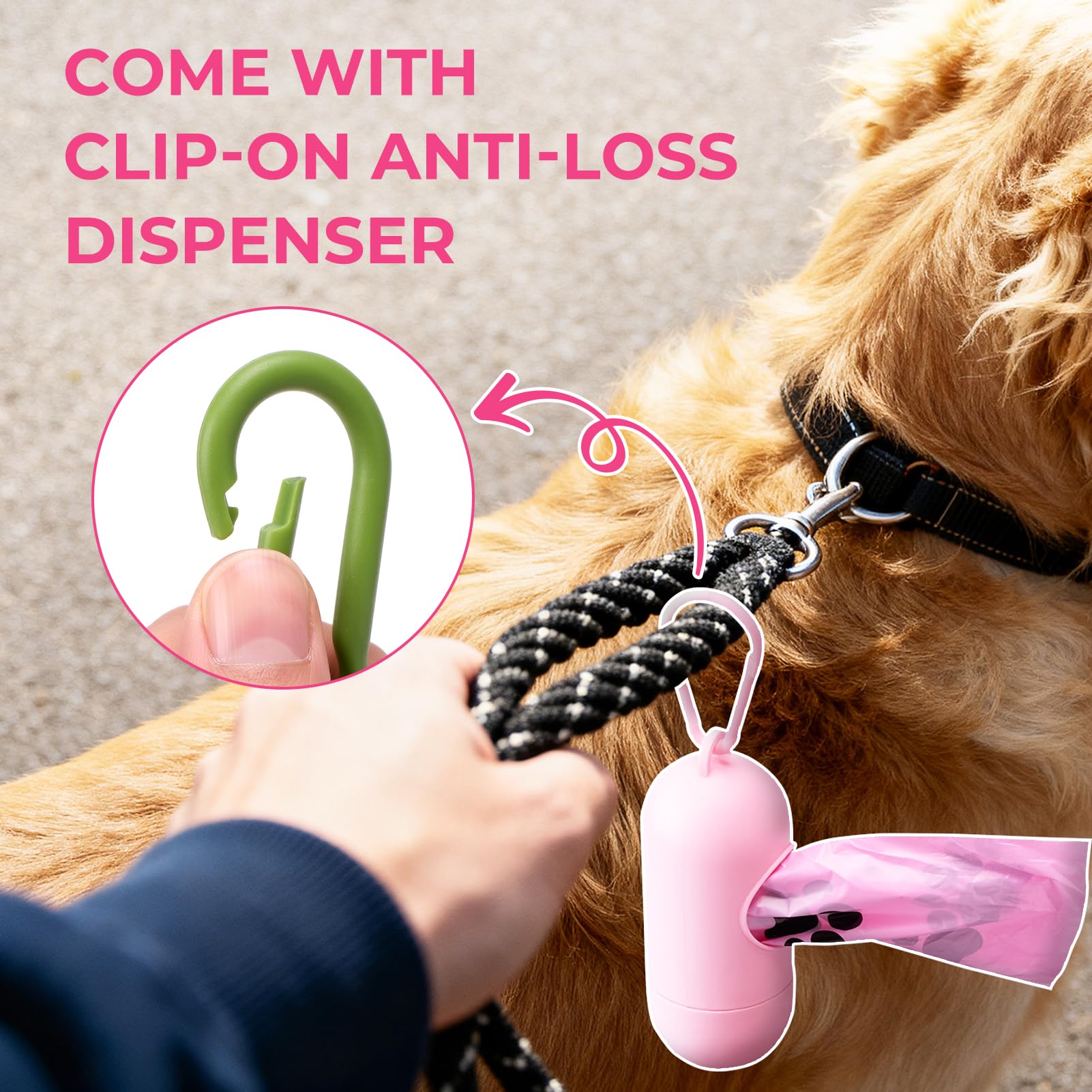 Dyforce clip-on dispenser attached to leash for convenient cleanup