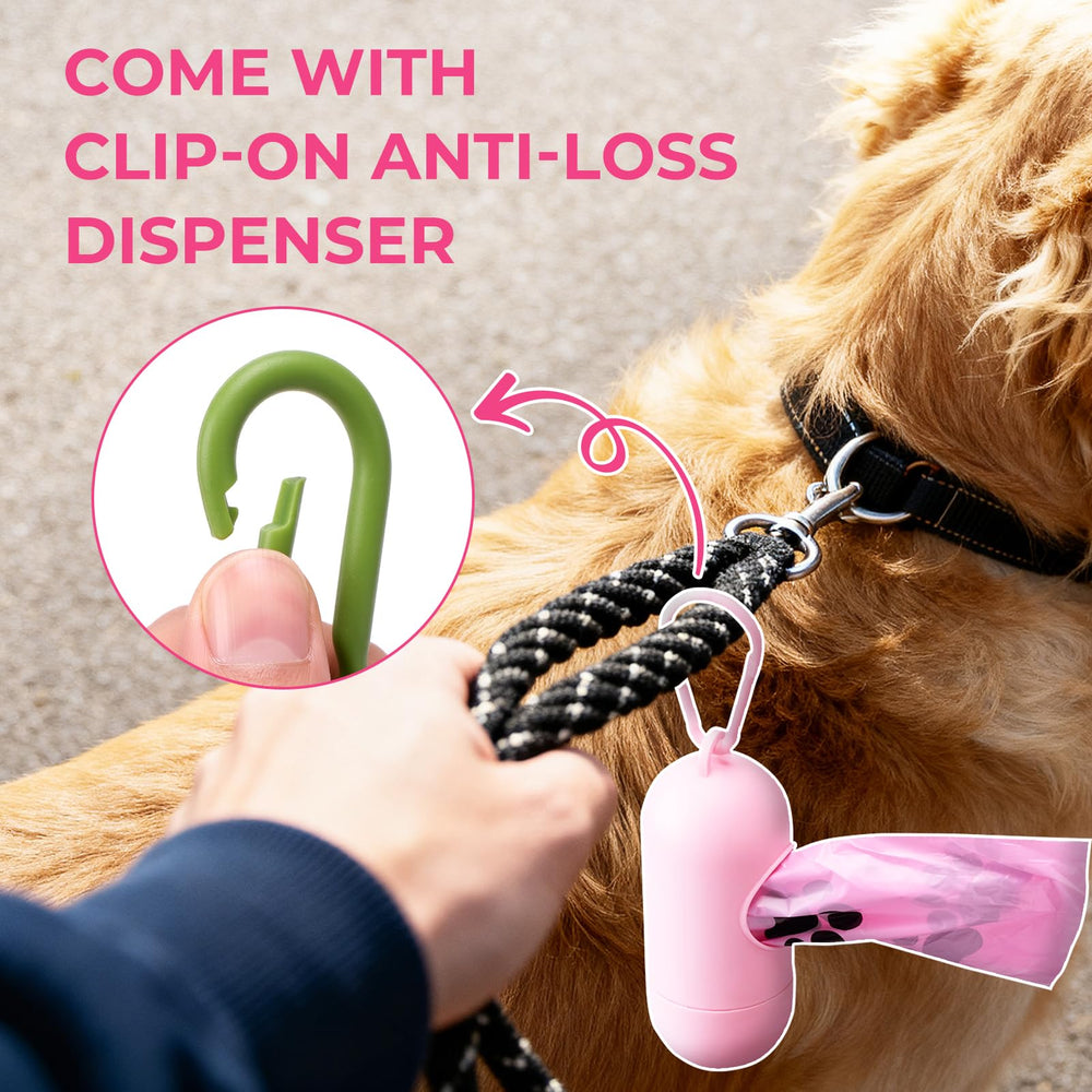 Dyforce clip-on dispenser attached to leash for convenient cleanup