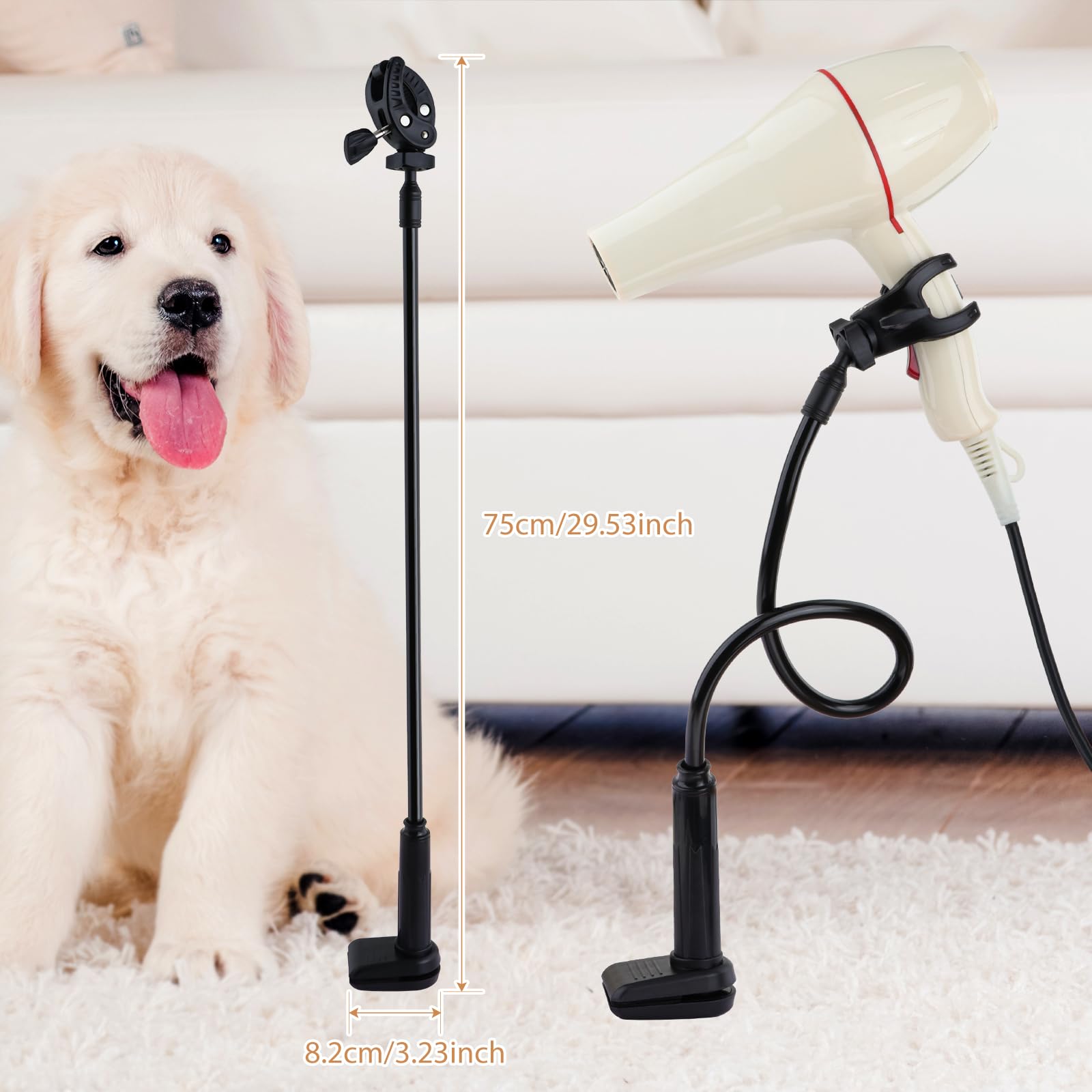 Adjustable arm on the DynWAVE stand enables precise angle during grooming.